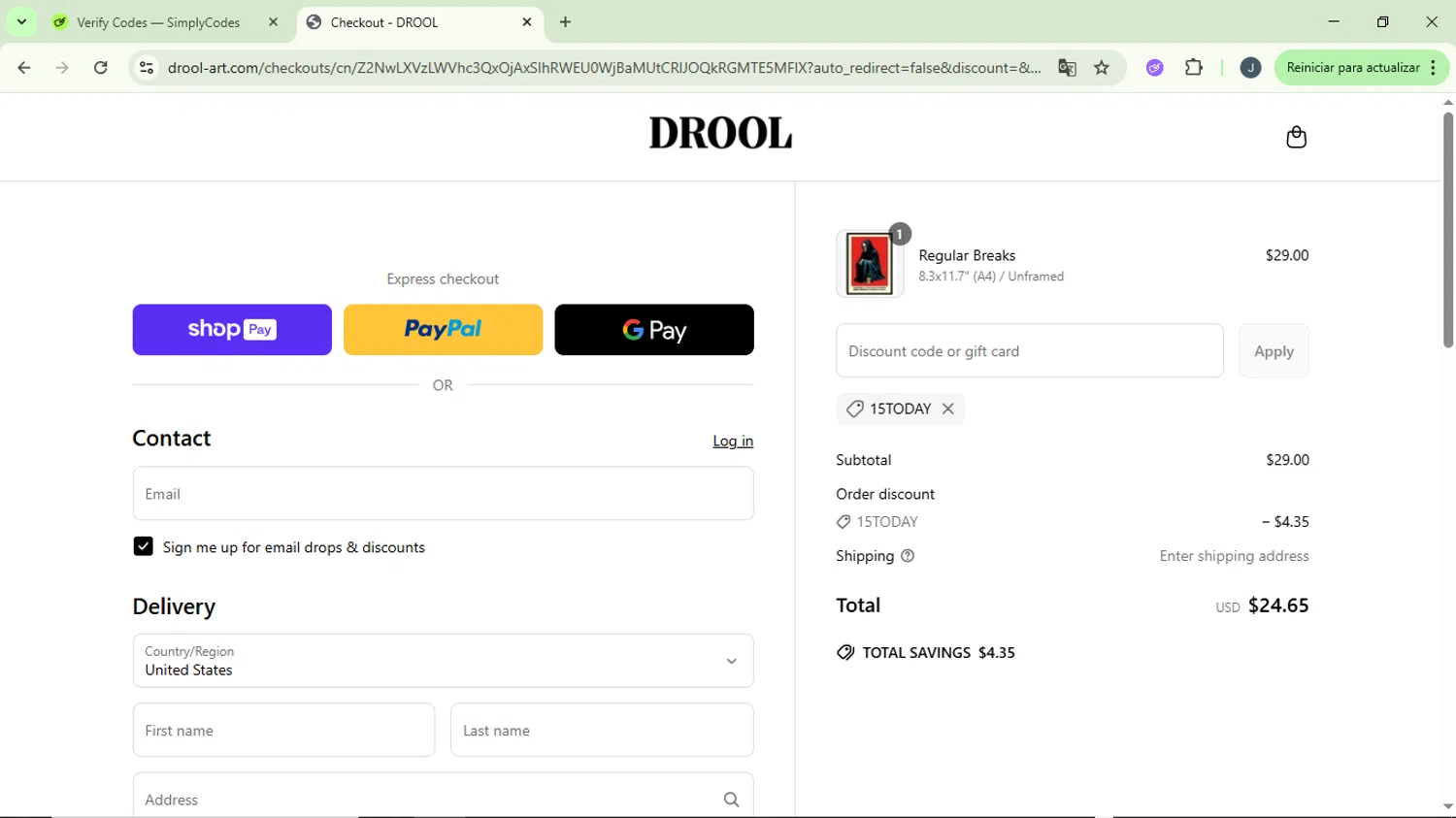 DROOL discount code screenshot showing code 15TODAY applied at DROOL checkout page. Uploaded by SimplyCodes community member GloriousCollector9930 on Jun 14, 2025