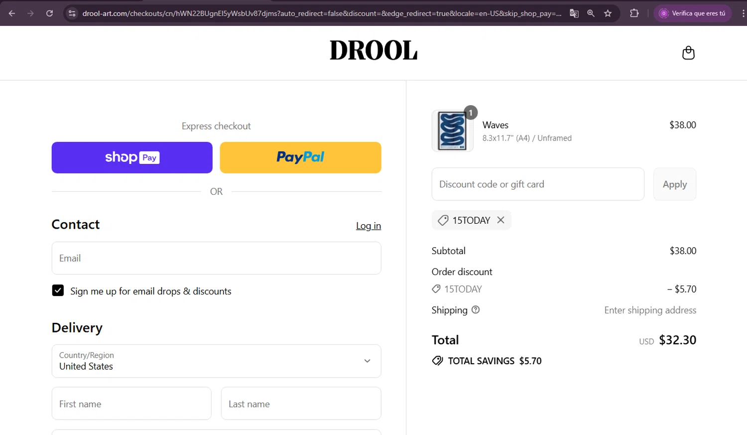 DROOL discount code screenshot showing code 15TODAY applied at DROOL checkout page. Uploaded by SimplyCodes community member oder007 on Aug 20, 2025