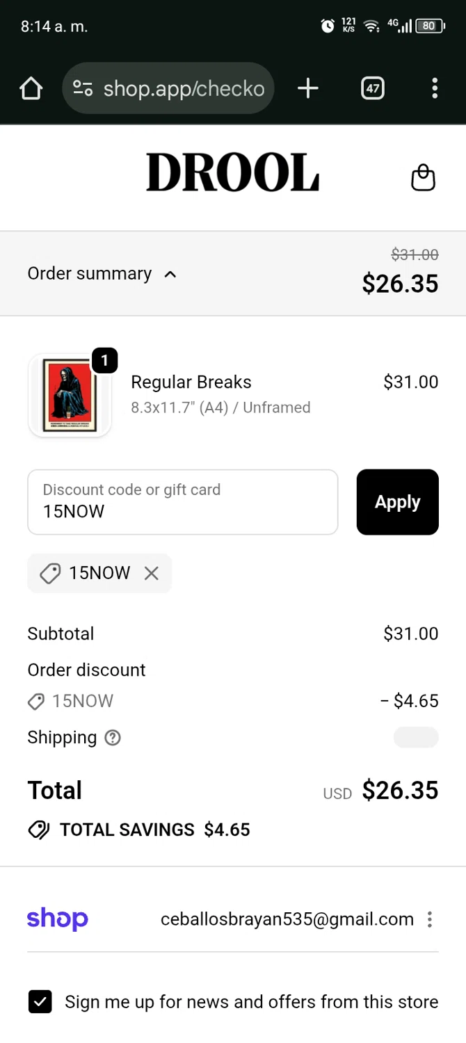 DROOL discount code screenshot showing code 15NOW applied at DROOL checkout page. Uploaded by SimplyCodes community member Bernado on Nov 17, 2025