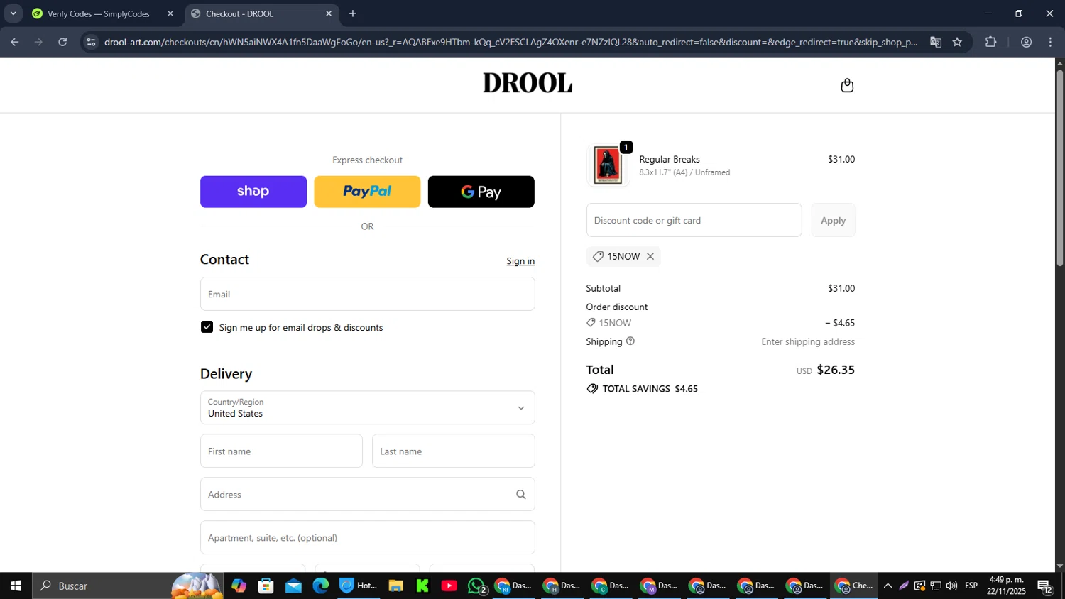 DROOL discount code screenshot showing code 15NOW applied at DROOL checkout page. Uploaded by SimplyCodes community member Cynoxx on Nov 22, 2025