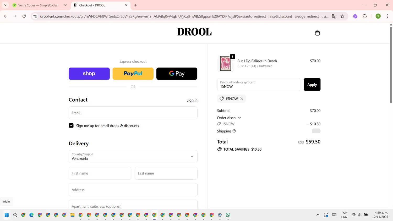 DROOL discount code screenshot showing code 15NOW applied at DROOL checkout page. Uploaded by SimplyCodes community member SaleTiger1087 on Nov 12, 2025