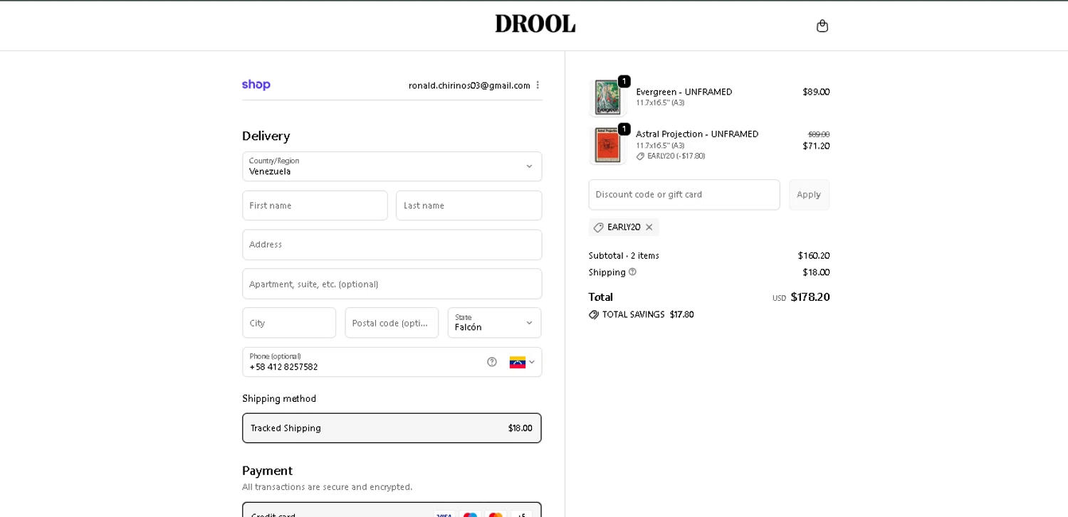 DROOL discount code screenshot showing code EARLY20 applied at DROOL checkout page. Uploaded by SimplyCodes community member GoldAce6962 on Dec 4, 2025