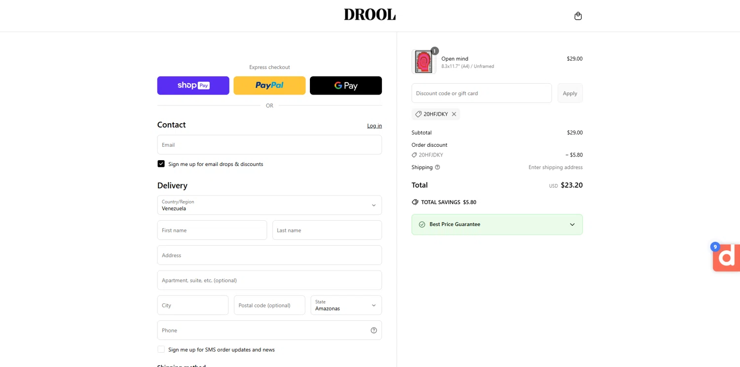 DROOL discount code screenshot showing code 20HFJDKY applied at DROOL checkout page. Uploaded by SimplyCodes community member Dorothy on May 4, 2025
