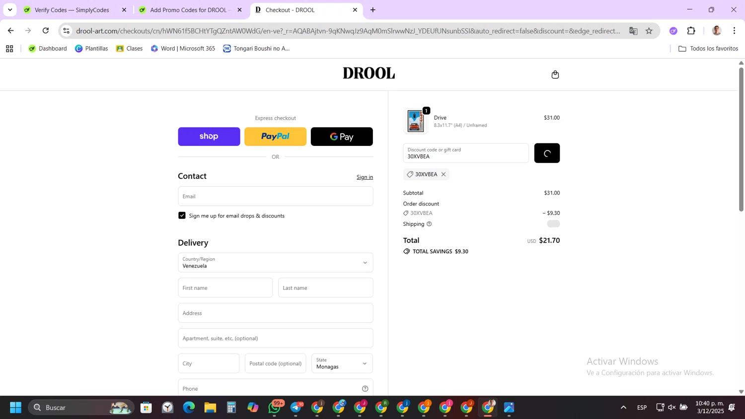 DROOL discount code screenshot showing code 30XVBEA applied at DROOL checkout page. Uploaded by SimplyCodes community member FernandoLetex on Dec 4, 2025