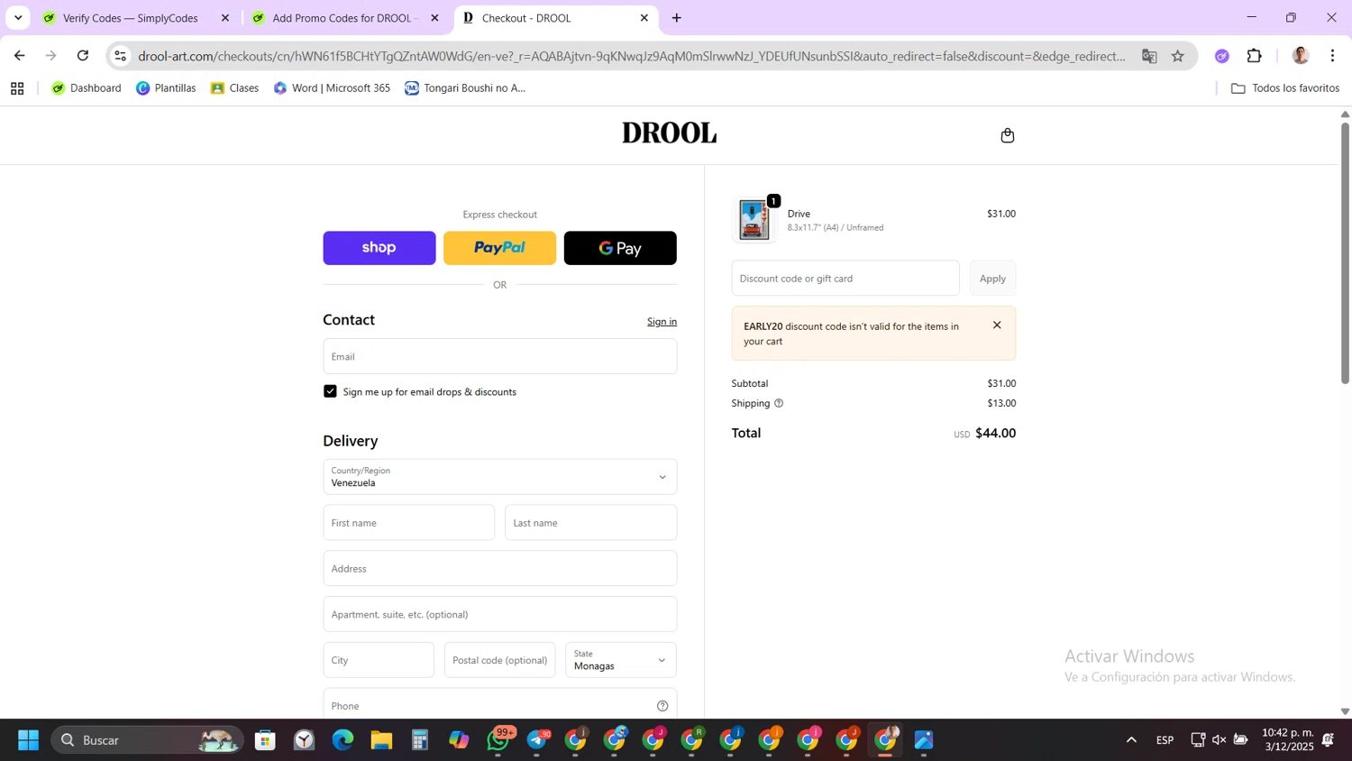 DROOL discount code screenshot showing code EARLY20 applied at DROOL checkout page. Uploaded by SimplyCodes community member FernandoLetex on Dec 4, 2025