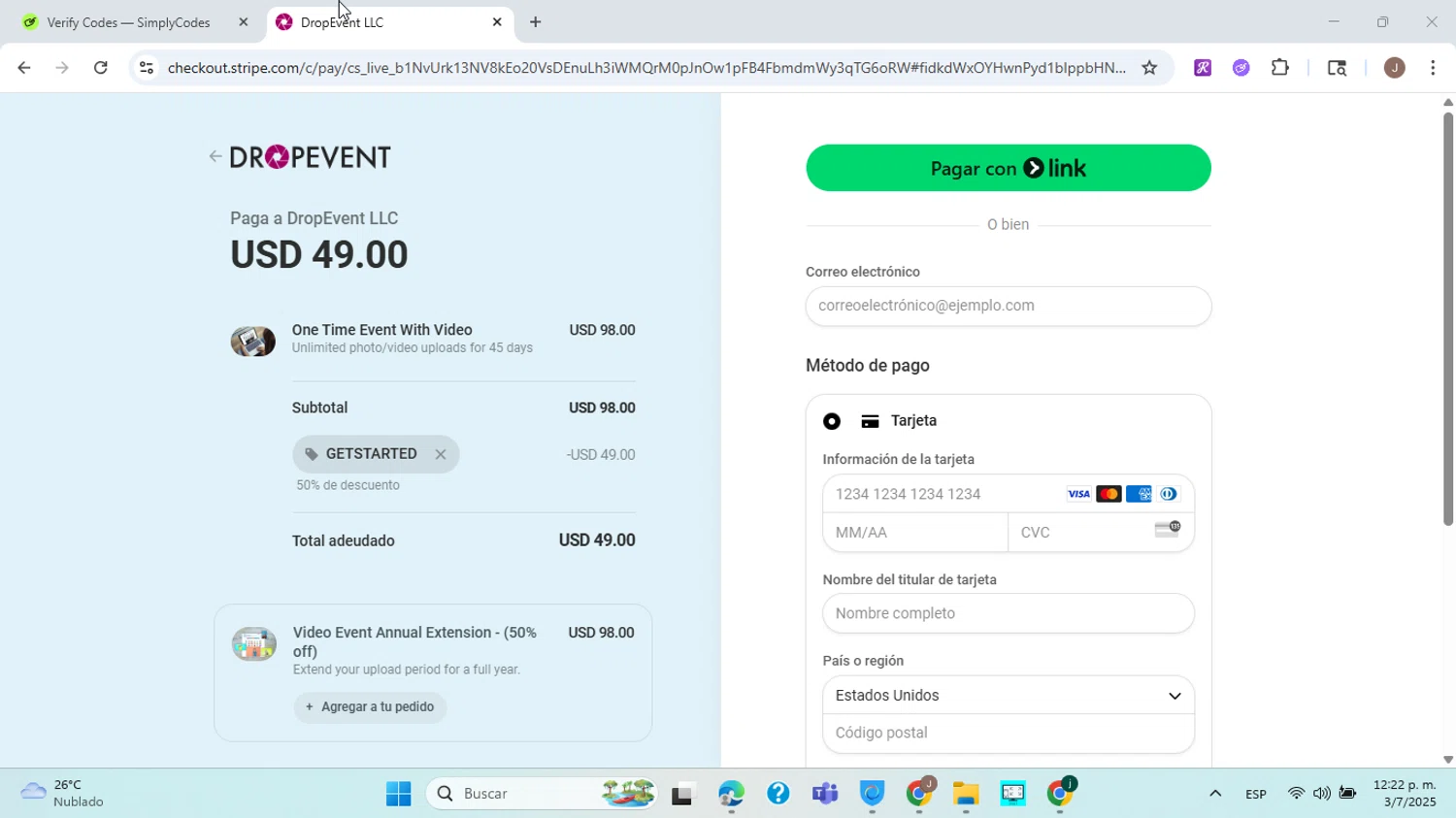 DropEvent promo code screenshot showing code GETSTARTED applied at DropEvent checkout page. Uploaded by SimplyCodes community member ABHF23 on Jul 3, 2025