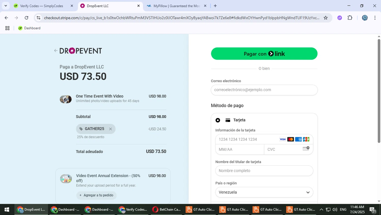 DropEvent promo code screenshot showing code Gather25 applied at DropEvent checkout page. Uploaded by SimplyCodes community member PokeGOAT on Jul 24, 2025