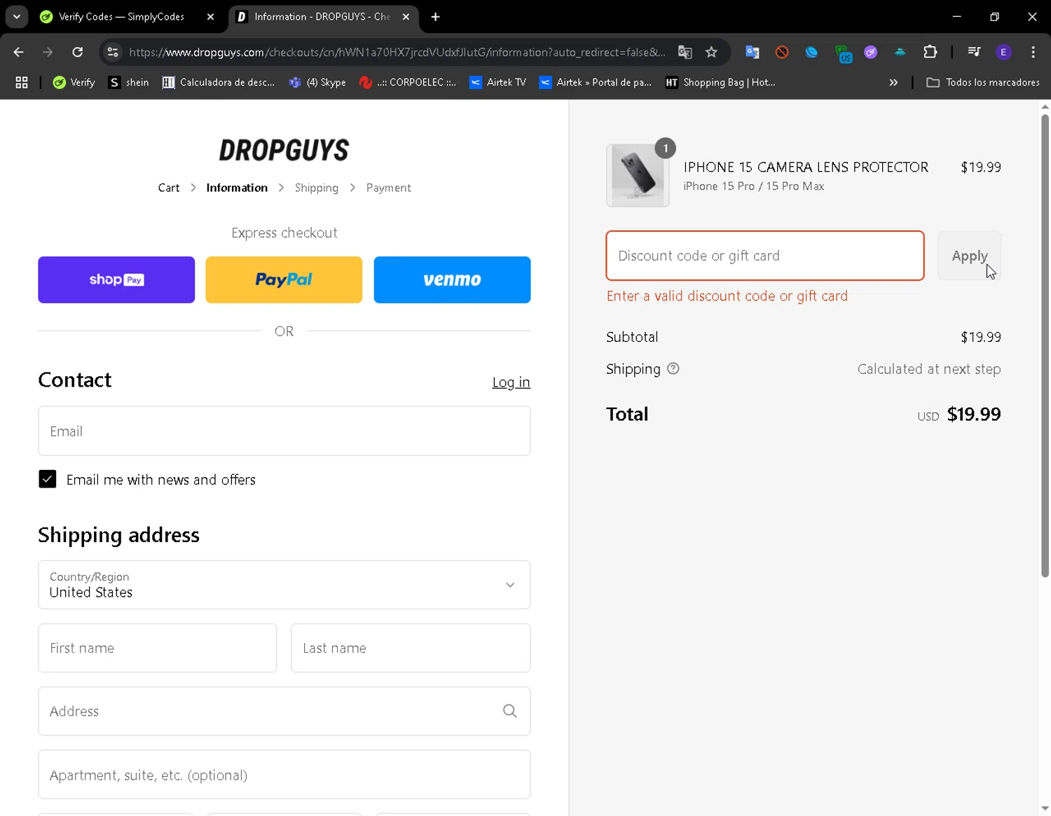 DROPGUYS discount code screenshot showing code VIP15 applied at DROPGUYS checkout page. Uploaded by SimplyCodes community member LuckyFinder274 on Aug 9, 2025