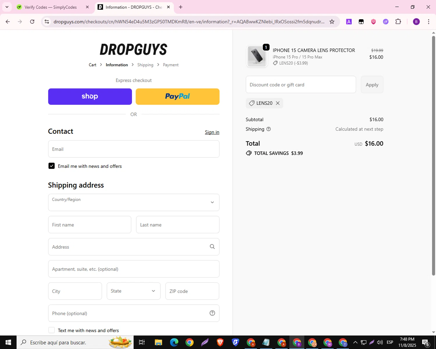 DROPGUYS discount code screenshot showing code LENS20 applied at DROPGUYS checkout page. Uploaded by SimplyCodes community member RebateAdmiral6687 on Nov 9, 2025