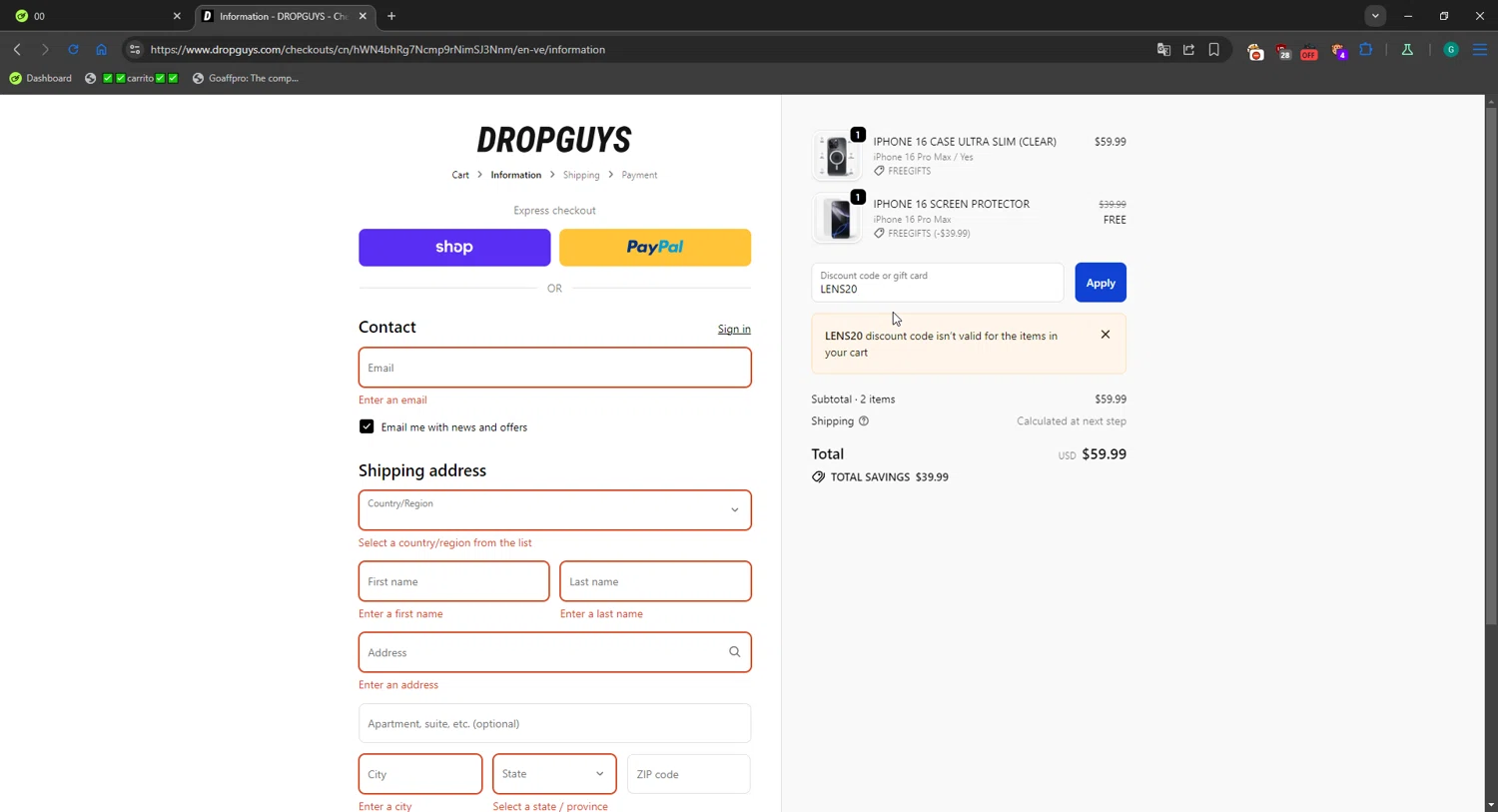 DROPGUYS discount code screenshot showing code LENS20 applied at DROPGUYS checkout page. Uploaded by SimplyCodes community member WiseMaestro7997 on Oct 27, 2025