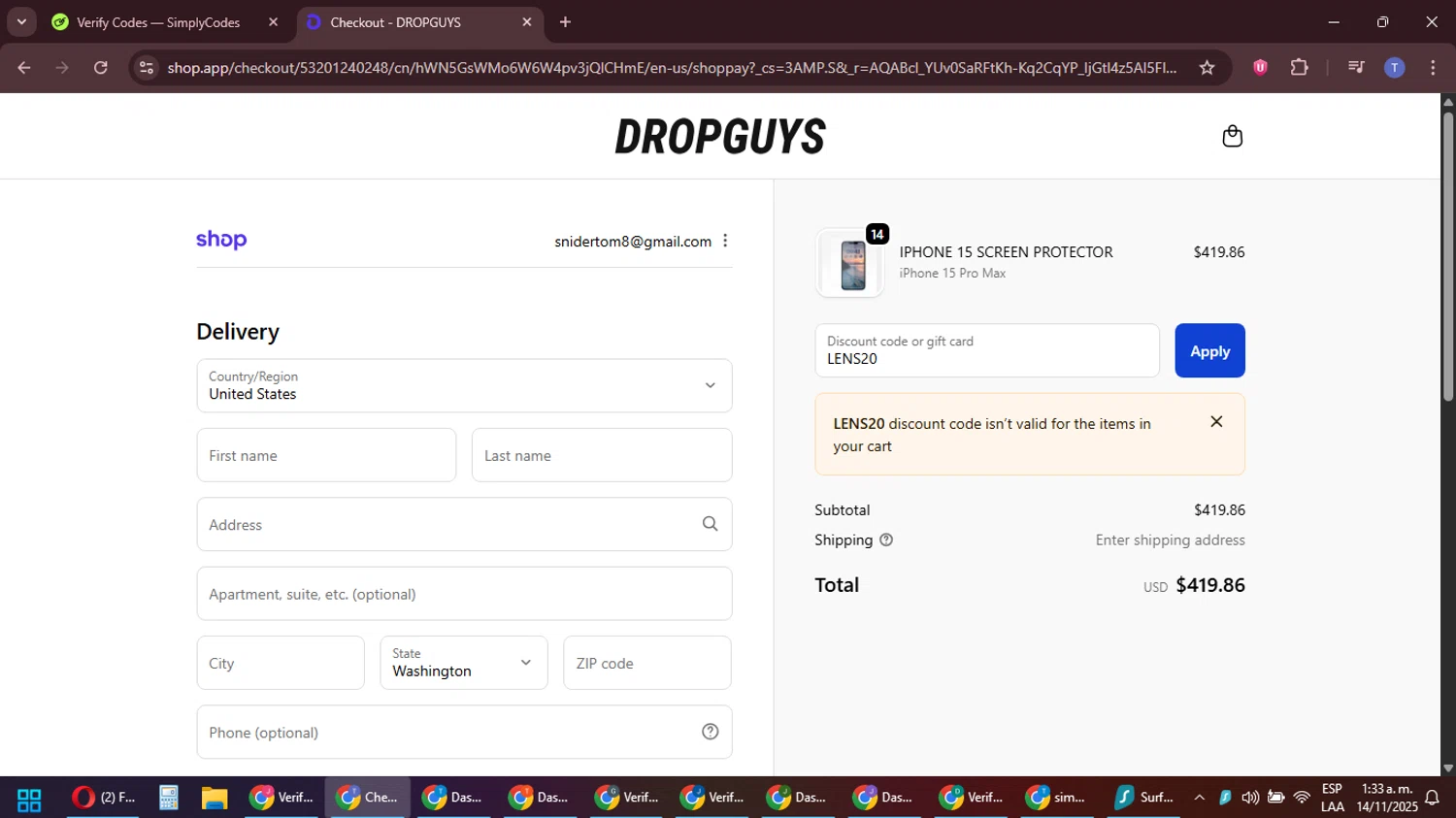 DROPGUYS discount code screenshot showing code LENS20 applied at DROPGUYS checkout page. Uploaded by SimplyCodes community member snidertom8 on Nov 14, 2025