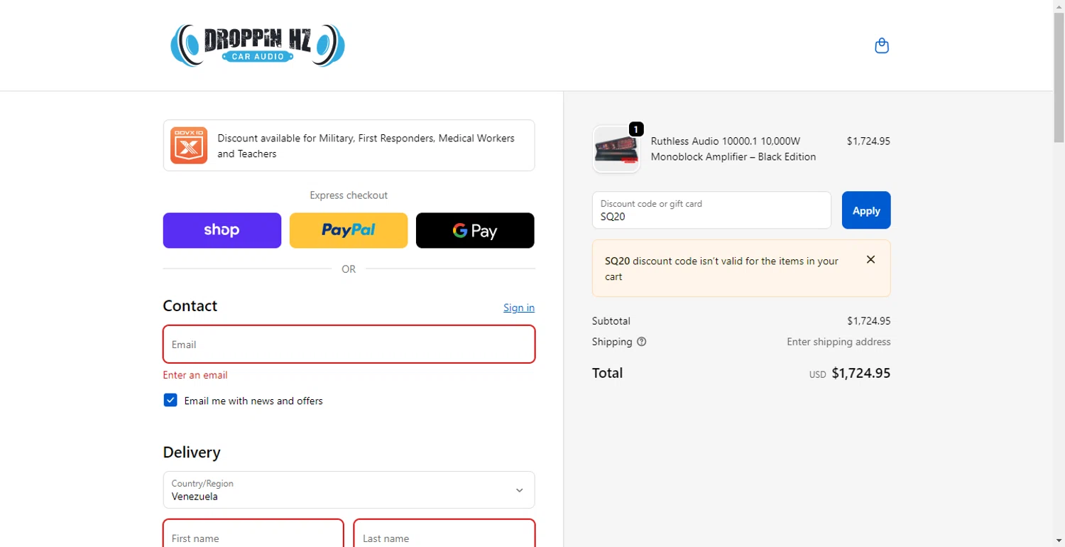 Droppin HZ Car Audio promo code screenshot showing code SQ20 applied at Droppin HZ Car Audio checkout page. Uploaded by SimplyCodes community member DiscountTracker247 on Nov 12, 2025