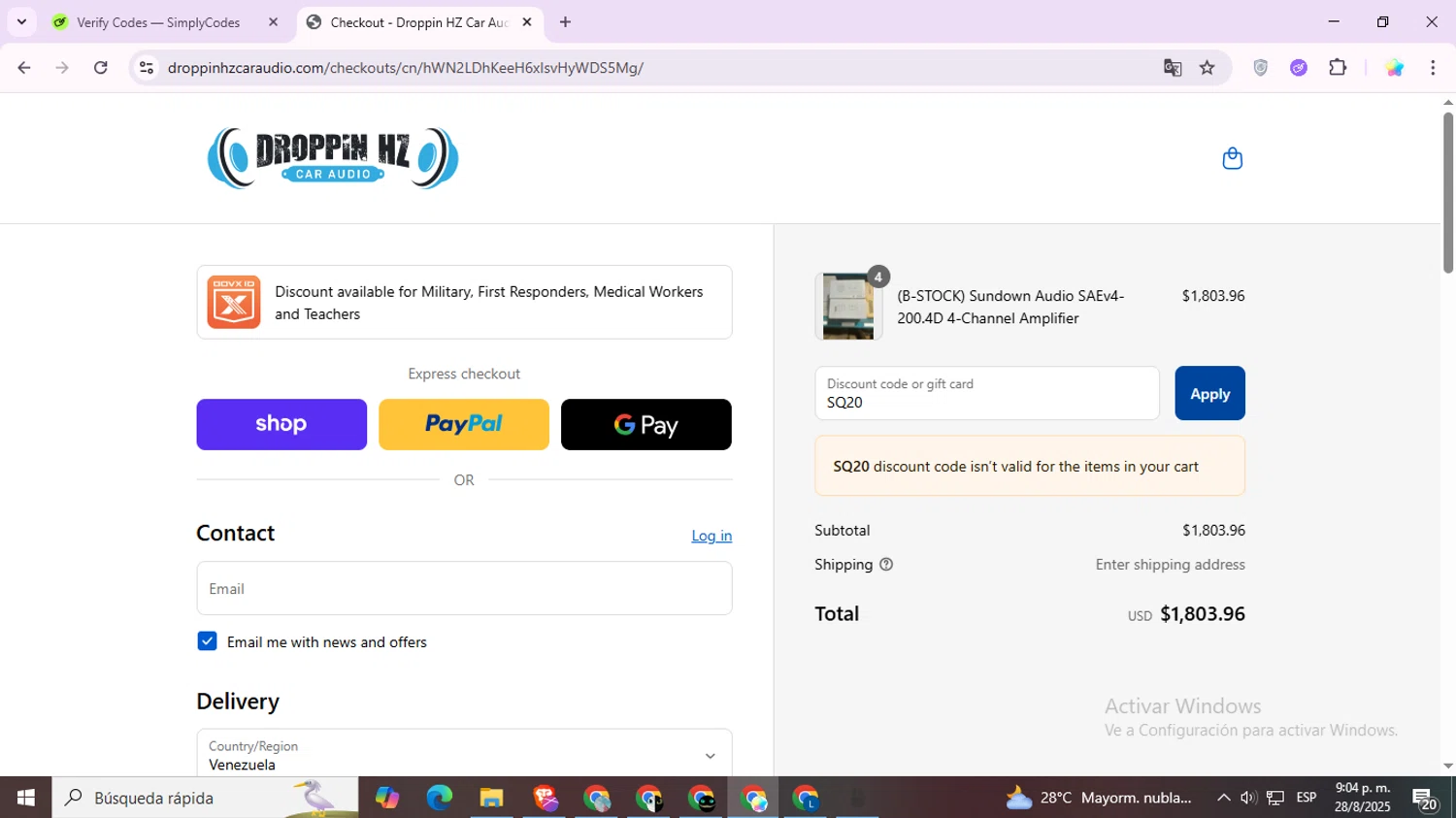 Droppin HZ Car Audio promo code screenshot showing code SQ20 applied at Droppin HZ Car Audio checkout page. Uploaded by SimplyCodes community member Estrellitacoairis on Aug 29, 2025
