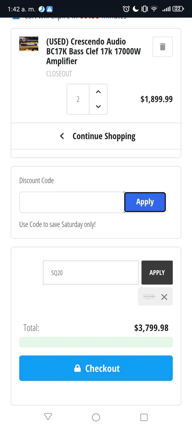 Droppin HZ Car Audio promo code screenshot showing code SQ20 applied at Droppin HZ Car Audio checkout page. Uploaded by SimplyCodes community member Narutooooo on Mar 8, 2025