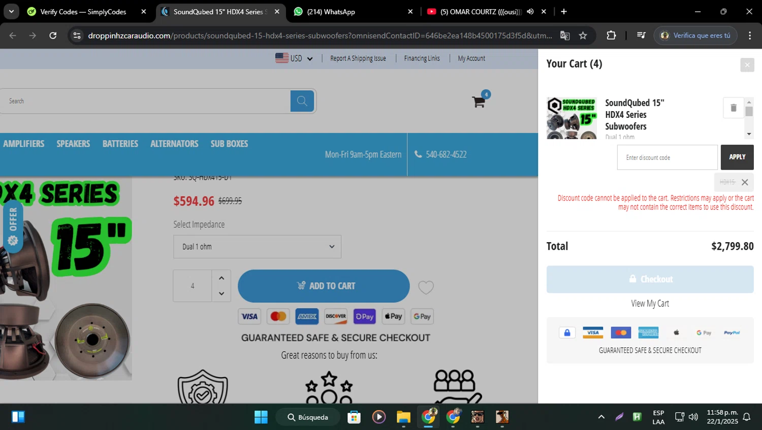 Droppin HZ Car Audio promo code screenshot showing code HDX15 applied at Droppin HZ Car Audio checkout page. Uploaded by SimplyCodes community member ELVERDEDESAMP on Jan 23, 2025