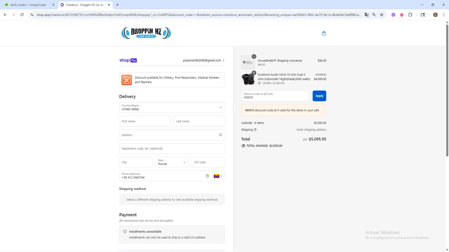 Droppin HZ Car Audio promo code screenshot showing code HDX15 applied at Droppin HZ Car Audio checkout page. Uploaded by SimplyCodes community member pequenokalvin5 on Aug 24, 2025