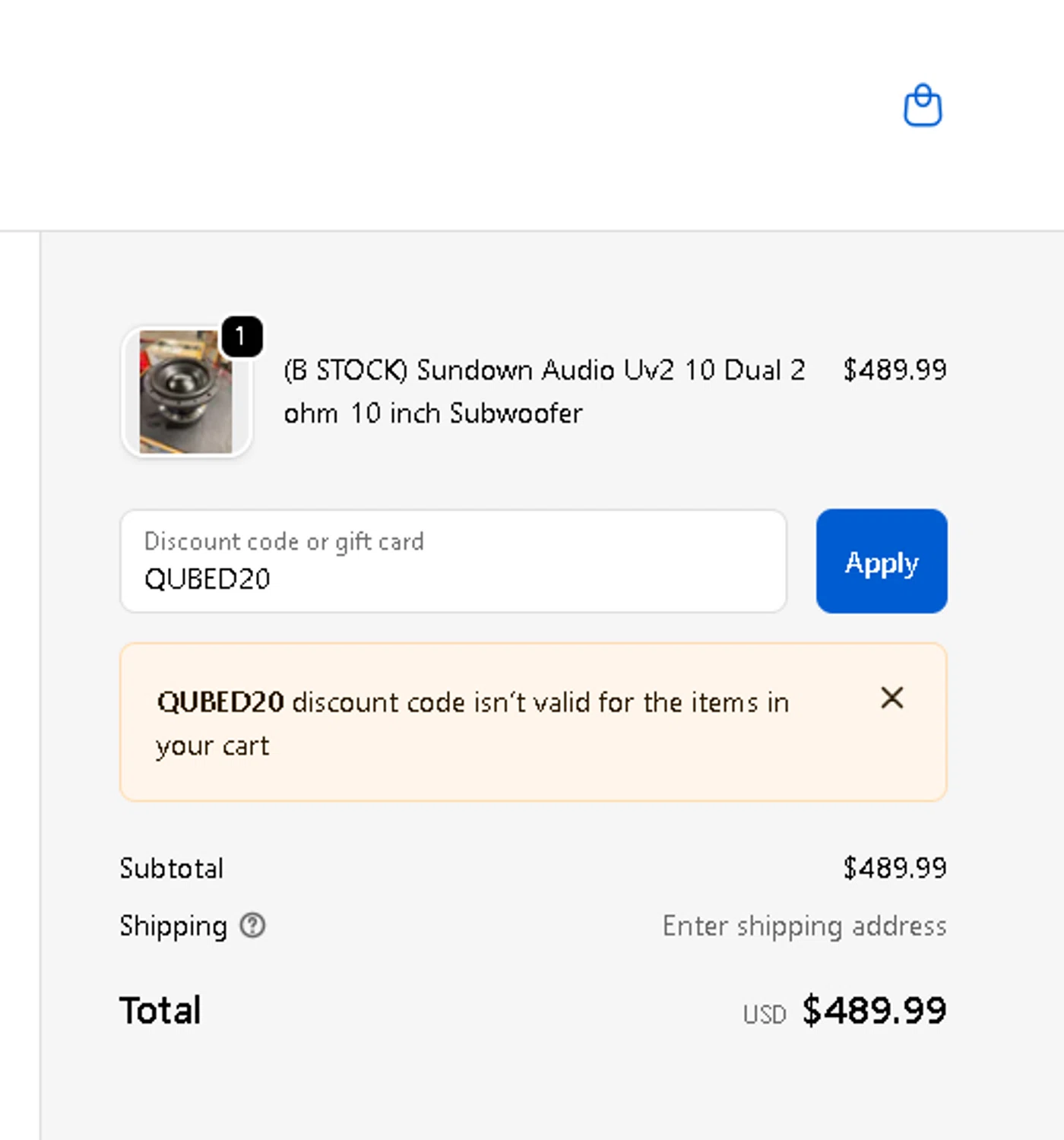 Droppin HZ Car Audio promo code screenshot showing code QUBED20 applied at Droppin HZ Car Audio checkout page. Uploaded by SimplyCodes community member BLUEBLASTOISE on Nov 4, 2025