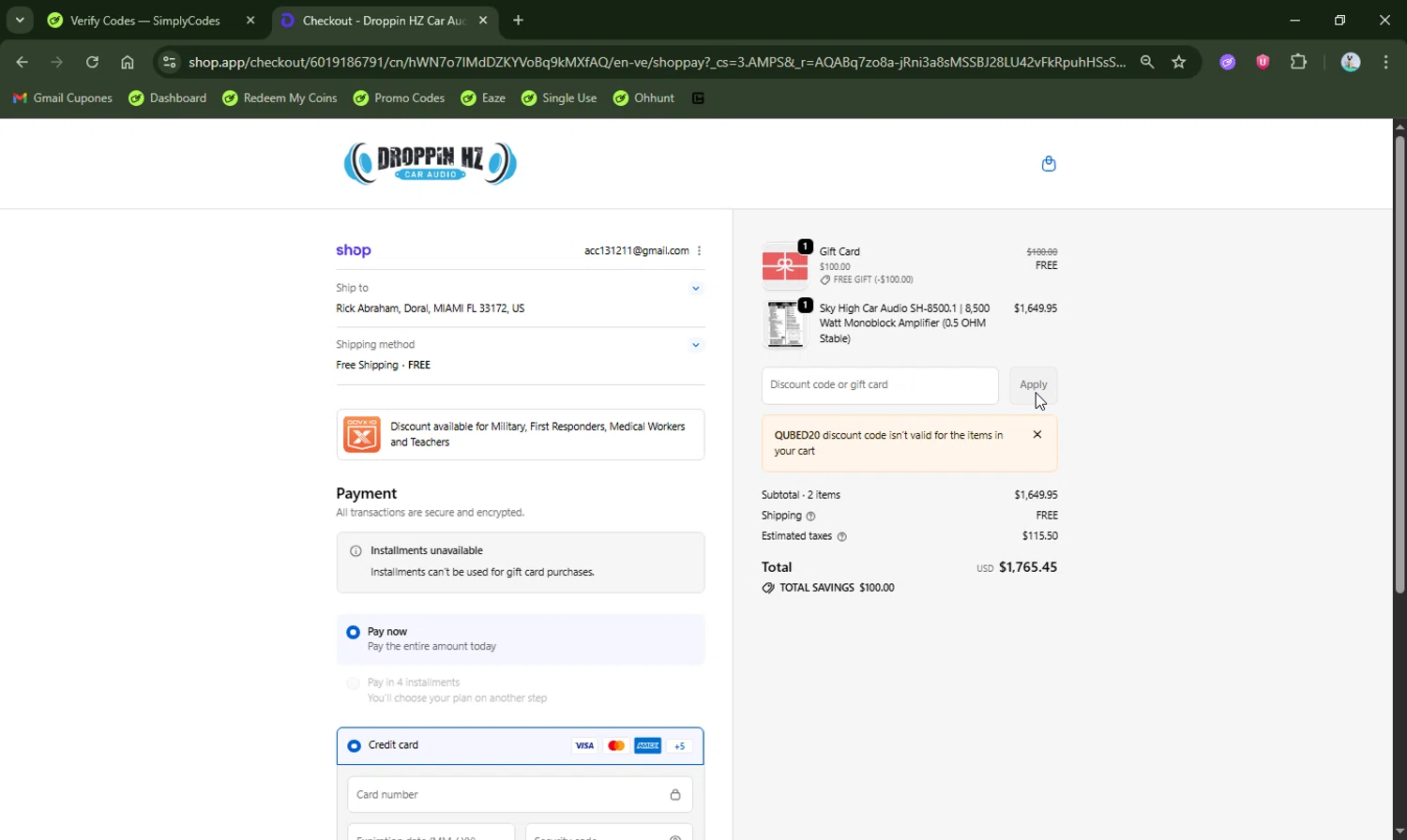 Droppin HZ Car Audio promo code screenshot showing code QUBED20 applied at Droppin HZ Car Audio checkout page. Uploaded by SimplyCodes community member LHaunter2 on Jan 20, 2026