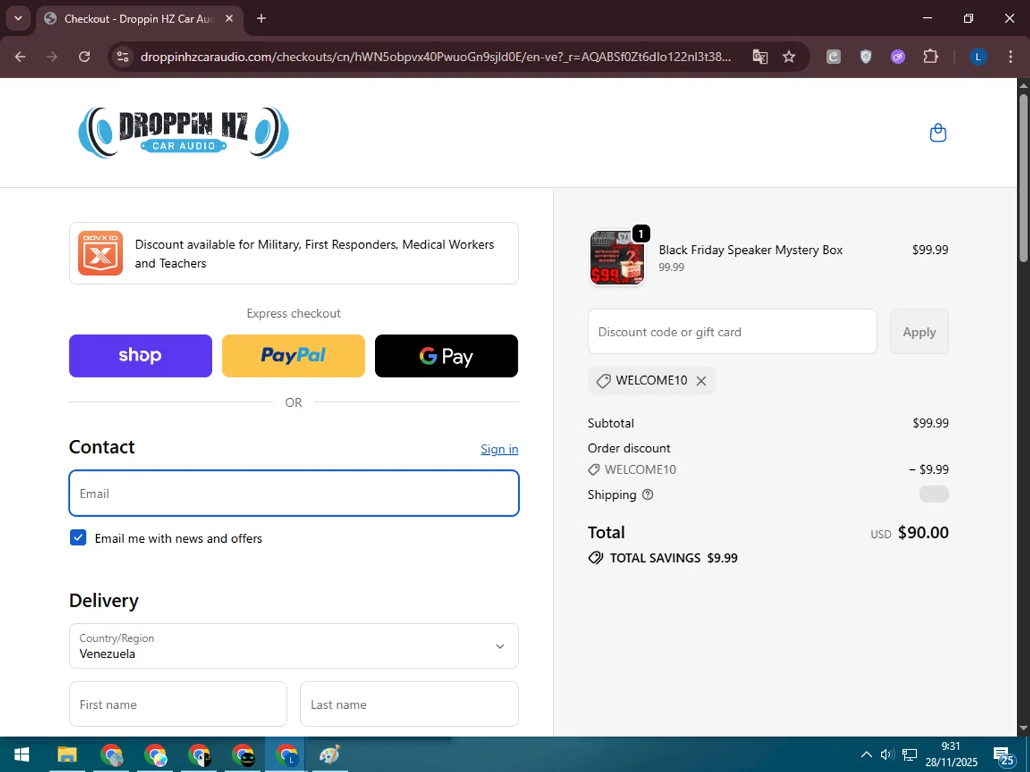 Droppin HZ Car Audio promo code screenshot showing code WELCOME10 applied at Droppin HZ Car Audio checkout page. Uploaded by SimplyCodes community member LegendaryLegend5536 on Nov 28, 2025