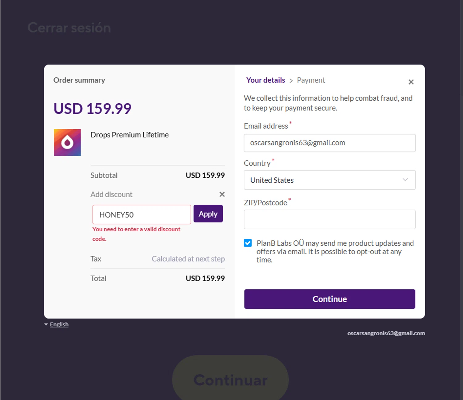 Drops discount code screenshot showing code HONEY50 applied at Drops checkout page. Uploaded by SimplyCodes community member Frionel_Pessi on Jan 30, 2025