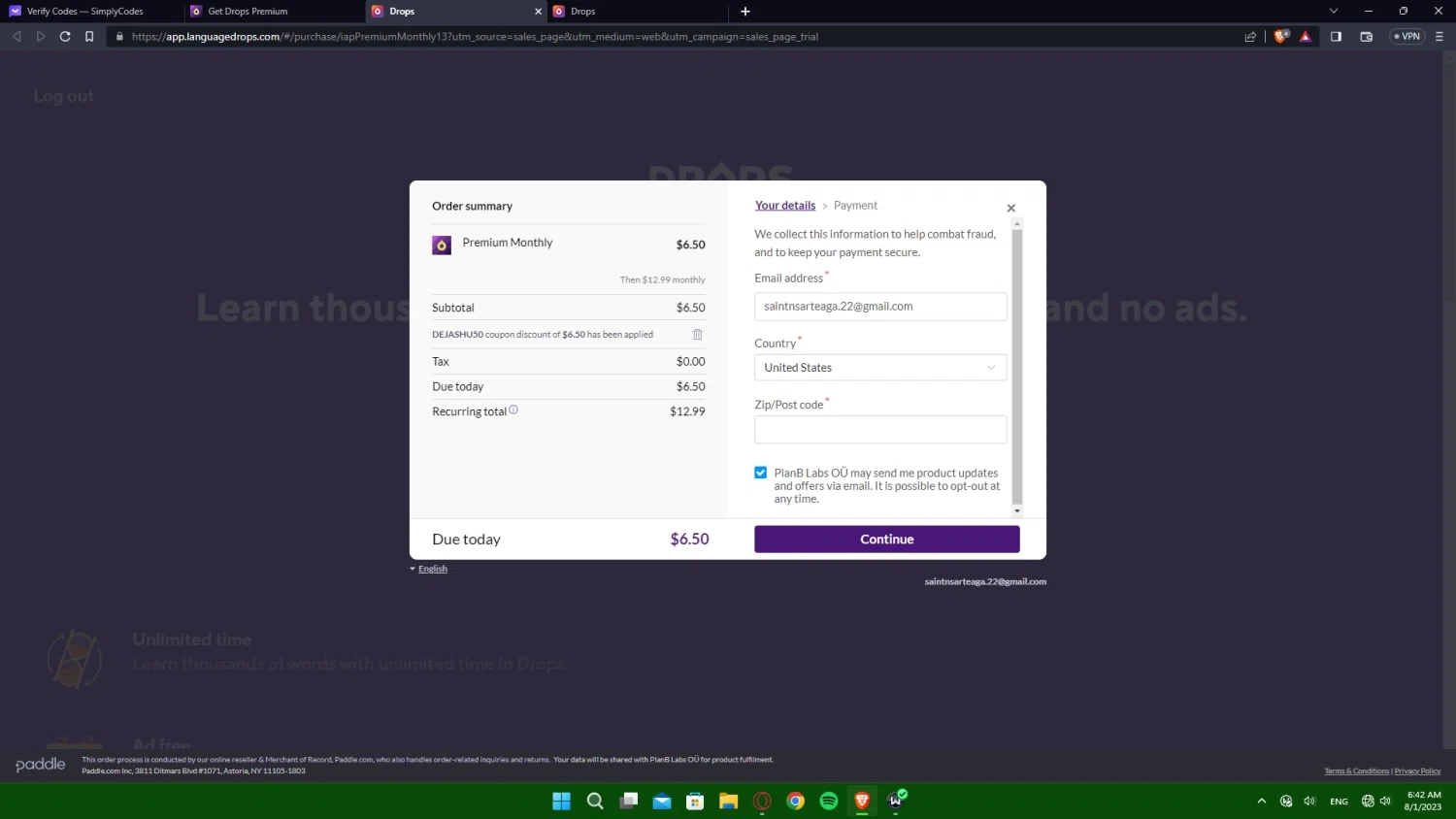 Drops checkout page showing Drops discount code box | Screenshot taken by SimplyCodes community member on Aug 1, 2023