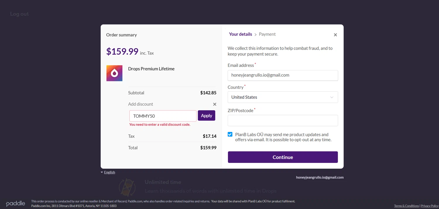 Drops discount code screenshot showing code TOMMY50 applied at Drops checkout page. Uploaded by SimplyCodes community member HoneyJean on Jun 30, 2025