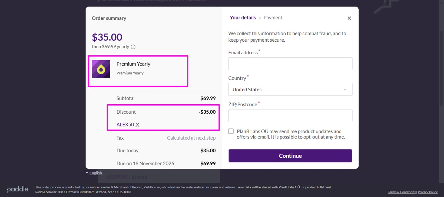 Drops discount code screenshot showing code ALEX50 applied at Drops checkout page. Uploaded by SimplyCodes community member mrdarcy on Nov 18, 2025