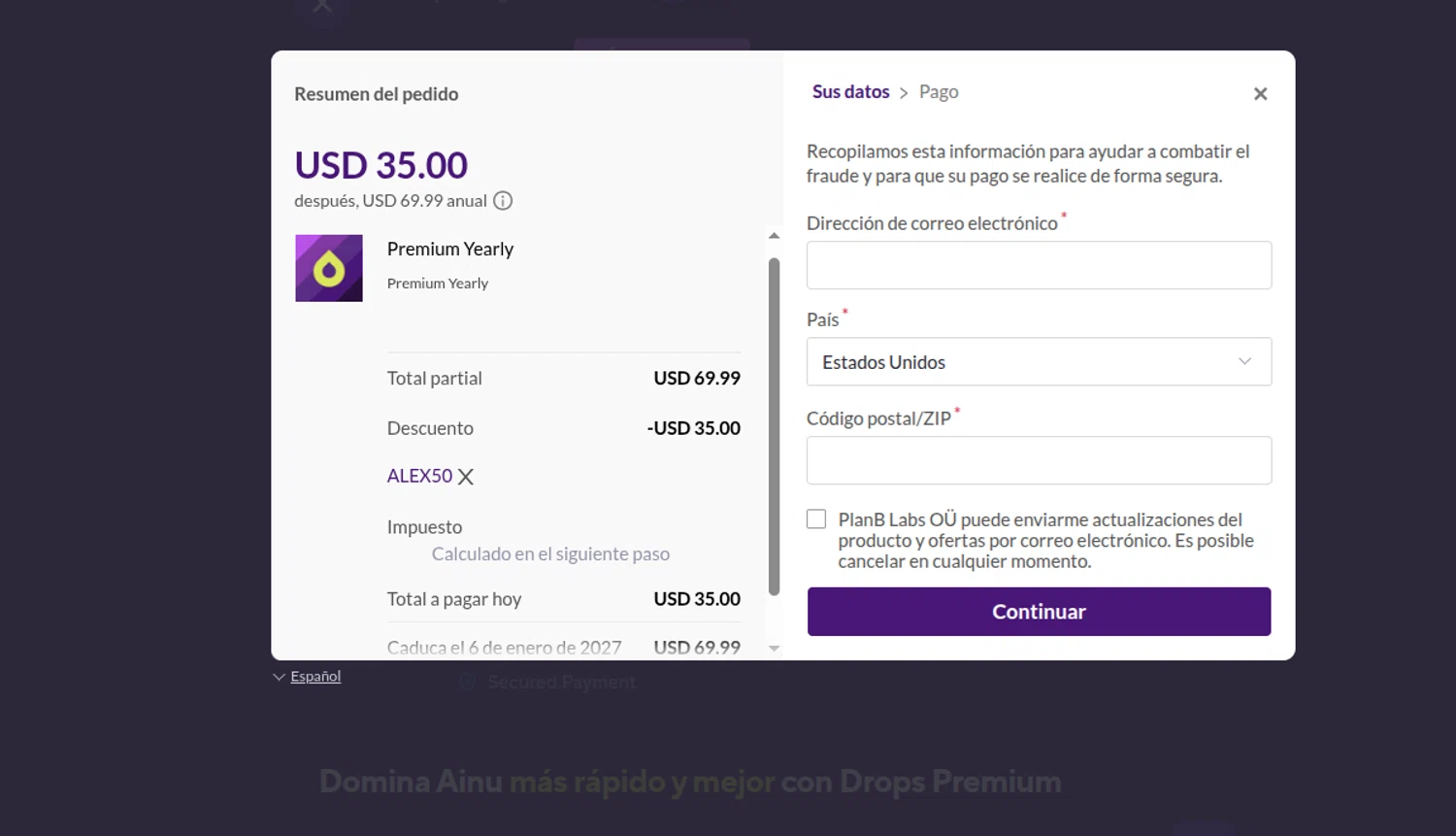 Drops discount code screenshot showing code alex50 applied at Drops checkout page. Uploaded by SimplyCodes community member reimalave10 on Jan 7, 2026