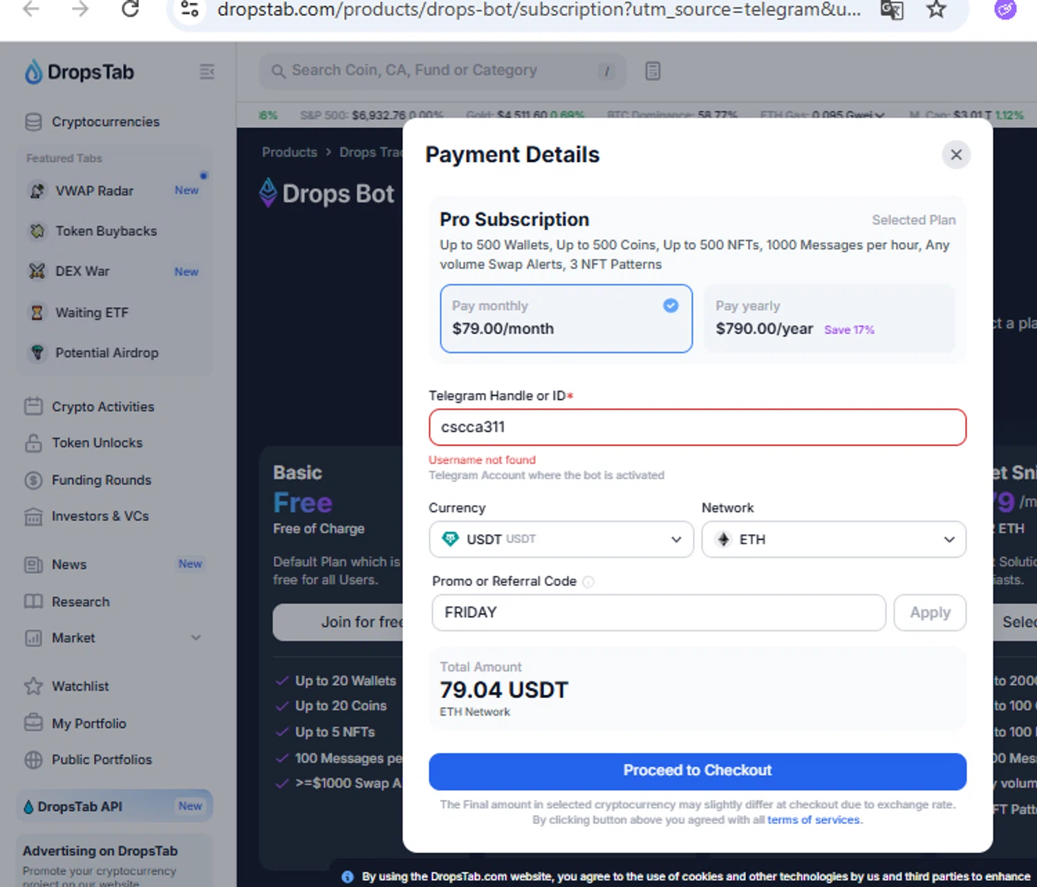 DropsTab promo code screenshot showing code FRIDAY applied at DropsTab checkout page. Uploaded by SimplyCodes community member PennyOwl2559 on Dec 26, 2025