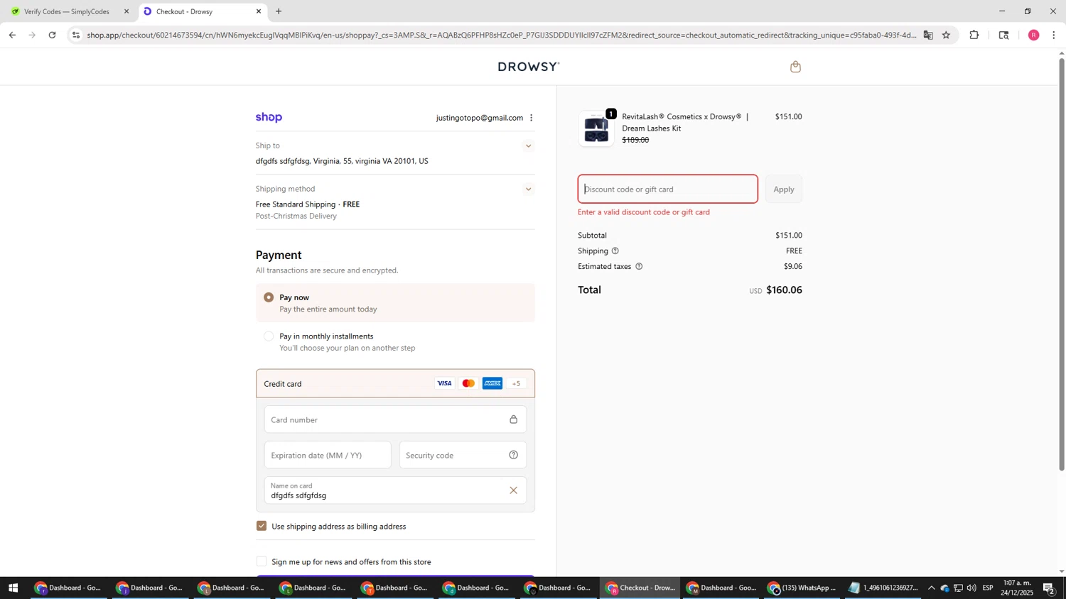 Drowsy Sleep Co discount code screenshot showing code DREAM applied at Drowsy Sleep Co checkout page. Uploaded by SimplyCodes community member TTTT55 on Dec 24, 2025