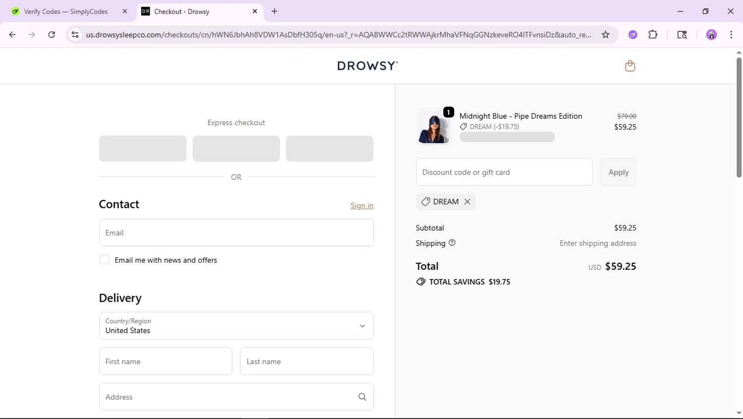 Drowsy Sleep Co discount code screenshot showing code DREAM applied at Drowsy Sleep Co checkout page. Uploaded by SimplyCodes community member jamesscott on Dec 11, 2025