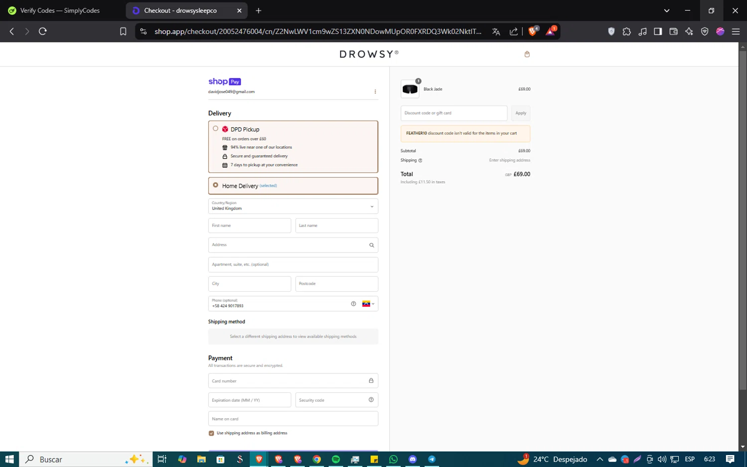 Drowsy Sleep Co discount code screenshot showing code FEATHER10 applied at Drowsy Sleep Co checkout page. Uploaded by SimplyCodes community member SmartSaver5858 on Mar 4, 2025
