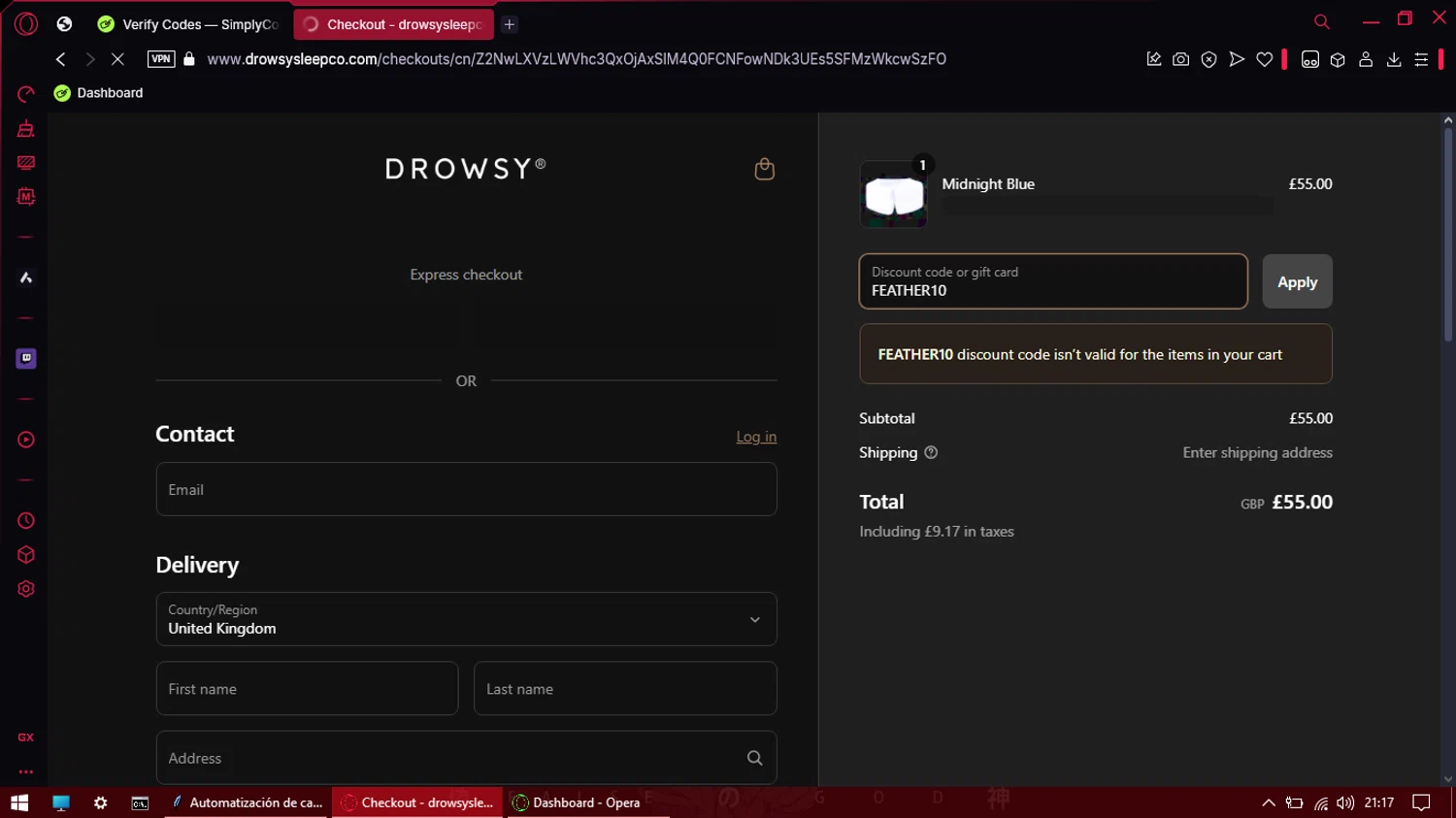 Drowsy Sleep Co discount code screenshot showing code FEATHER10 applied at Drowsy Sleep Co checkout page. Uploaded by SimplyCodes community member Eliott on Apr 20, 2025
