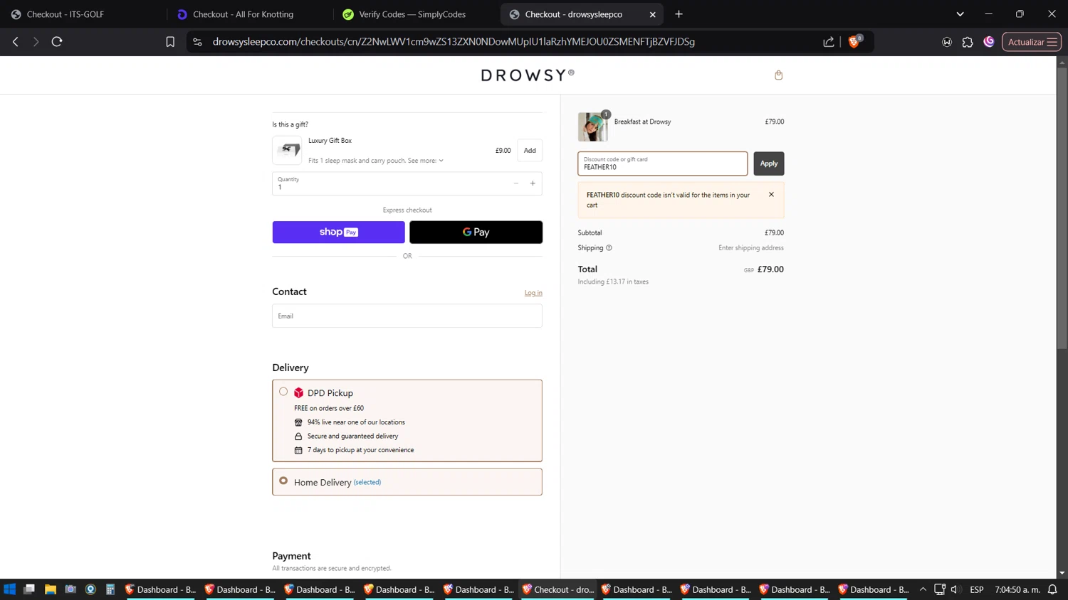 Drowsy Sleep Co discount code screenshot showing code FEATHER10 applied at Drowsy Sleep Co checkout page. Uploaded by SimplyCodes community member Phoenix on Jan 17, 2025