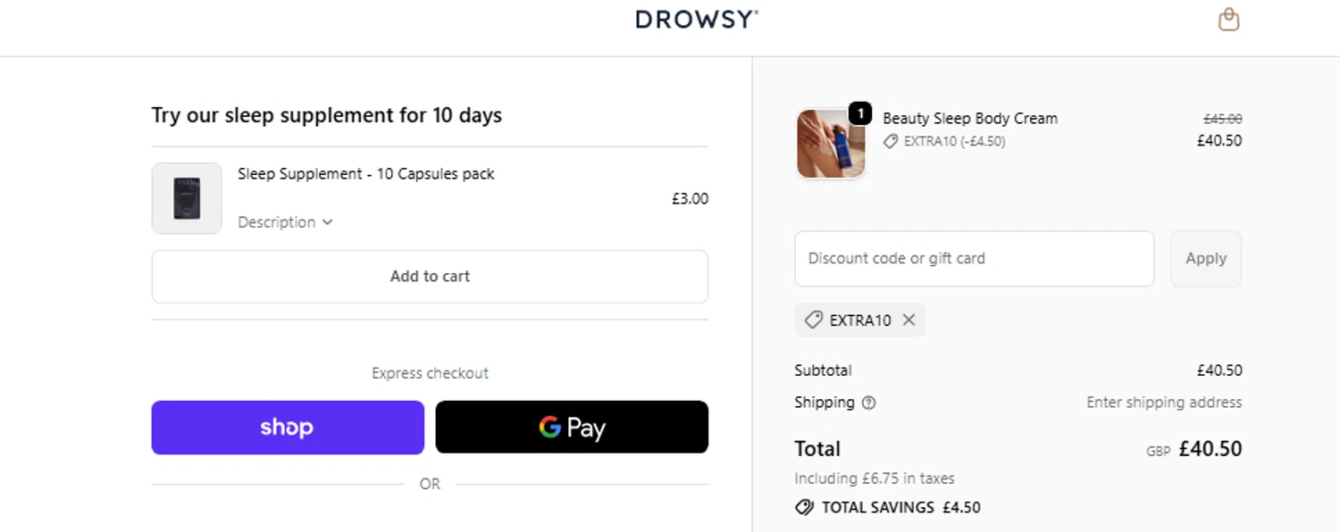 Drowsy Sleep Co discount code screenshot showing code EXTRA10 applied at Drowsy Sleep Co checkout page. Uploaded by SimplyCodes community member Jhonny on Dec 26, 2025