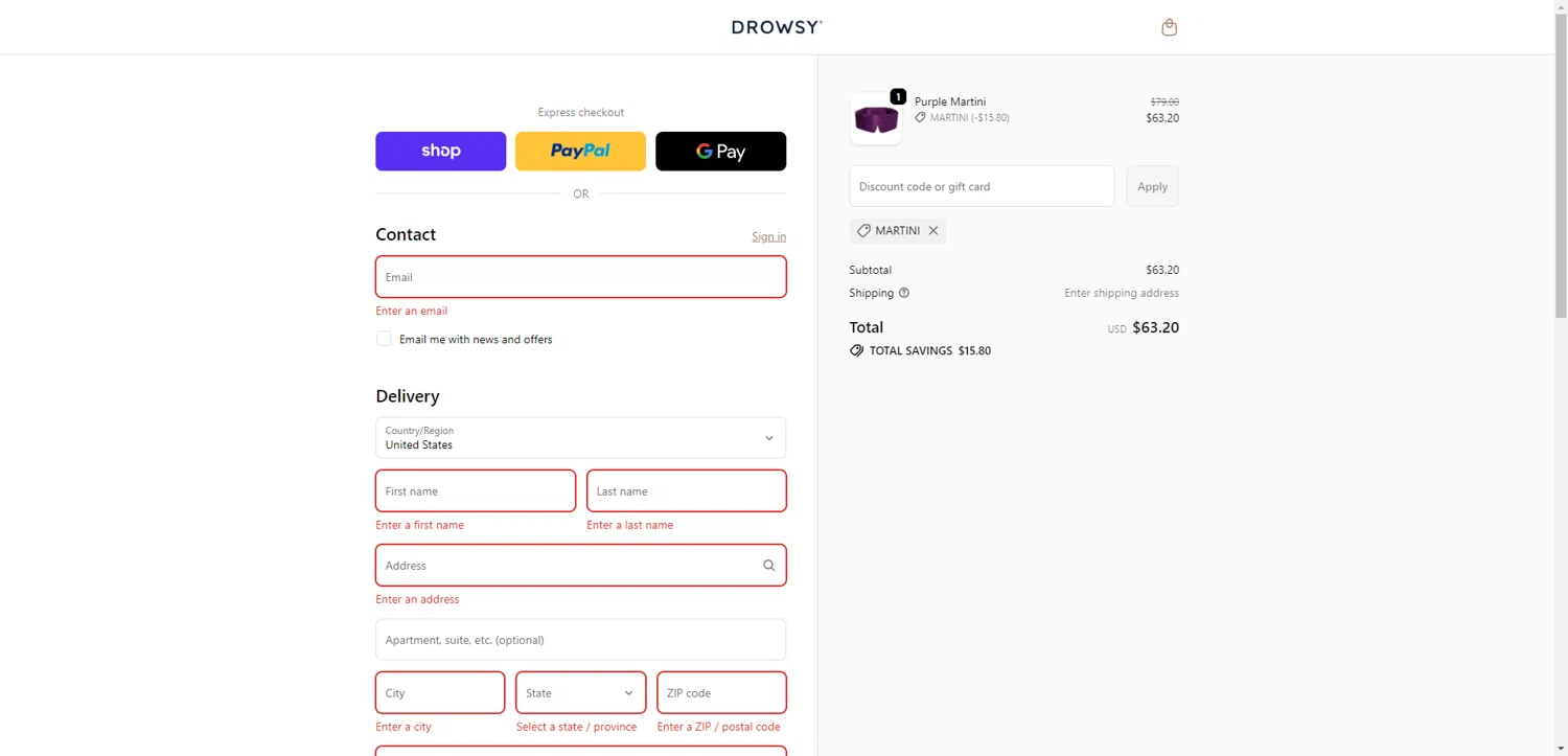 Drowsy Sleep Co US promo code screenshot showing code MARTINI applied at Drowsy Sleep Co US checkout page. Uploaded by SimplyCodes community member CleverHawk1744 on Dec 14, 2025