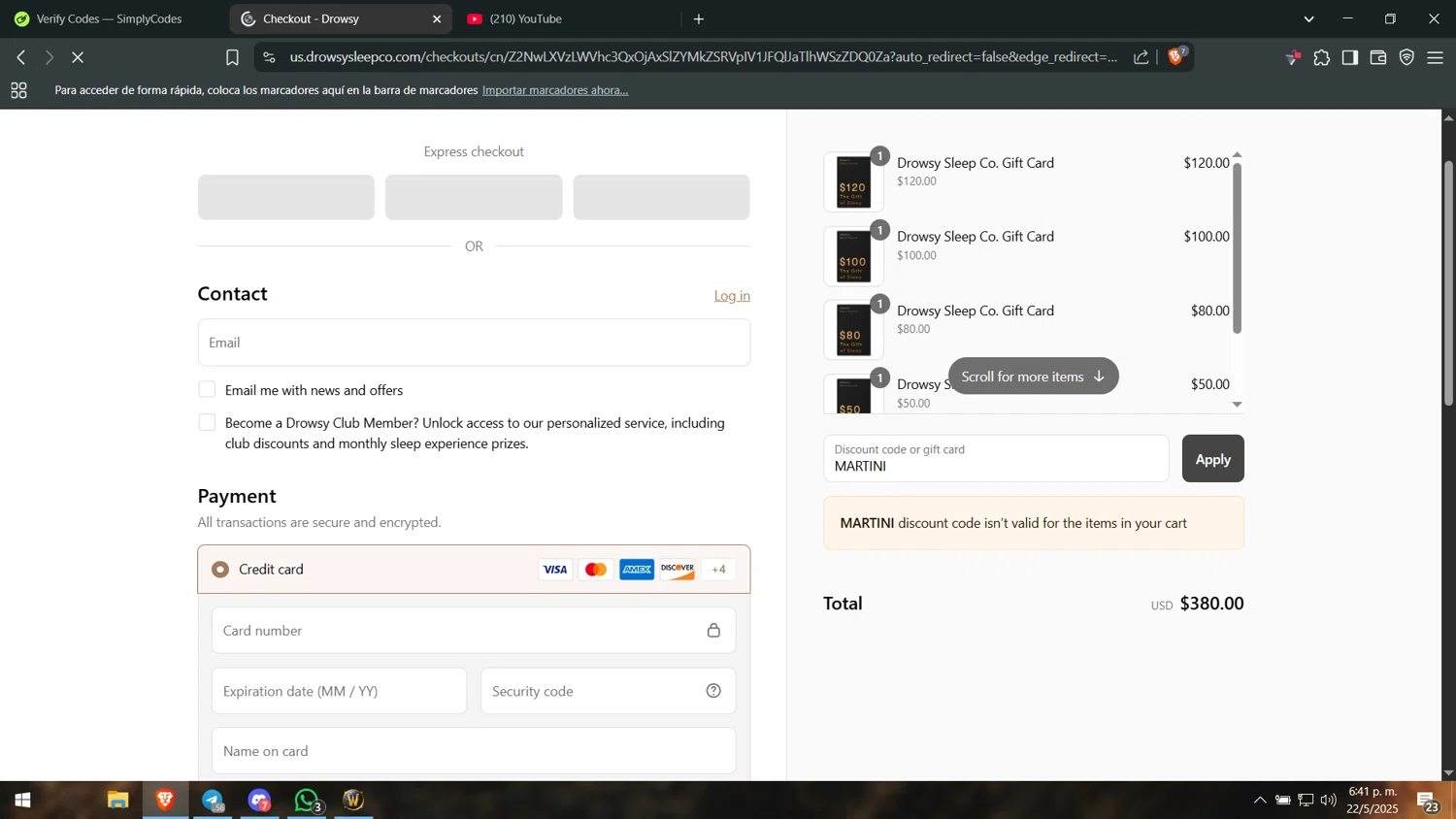 Drowsy Sleep Co US promo code screenshot showing code MARTINI applied at Drowsy Sleep Co US checkout page. Uploaded by SimplyCodes community member leonj9624 on May 22, 2025