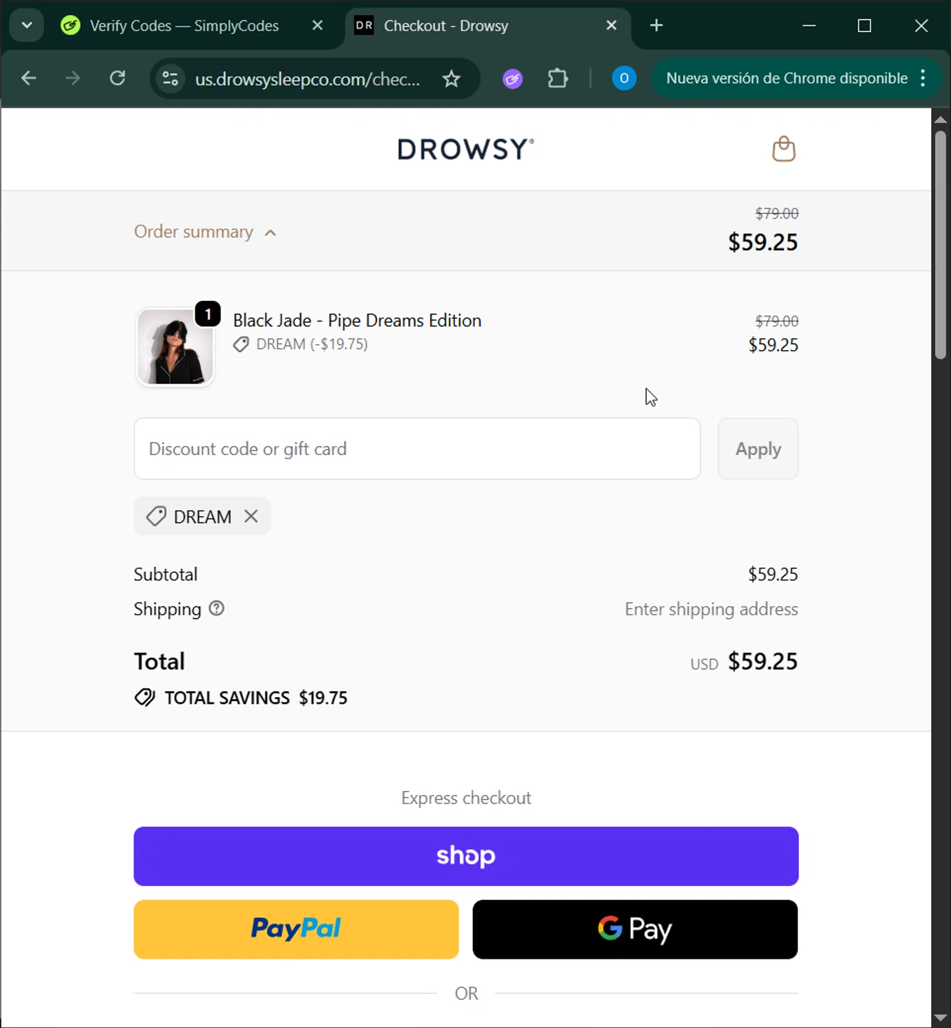 Drowsy Sleep Co US promo code screenshot showing code DREAM applied at Drowsy Sleep Co US checkout page. Uploaded by SimplyCodes community member GoldChaser6627 on Oct 25, 2025