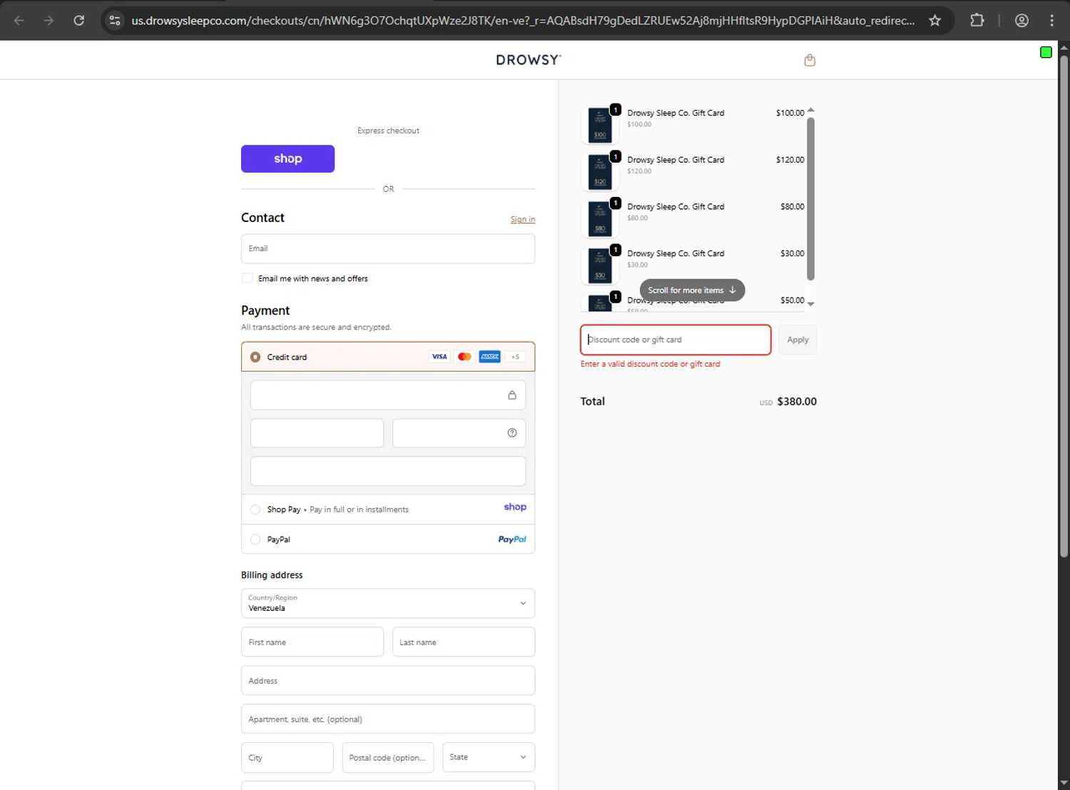 Drowsy Sleep Co US promo code screenshot showing code DREAM applied at Drowsy Sleep Co US checkout page. Uploaded by SimplyCodes community member RINITOSHI on Dec 21, 2025