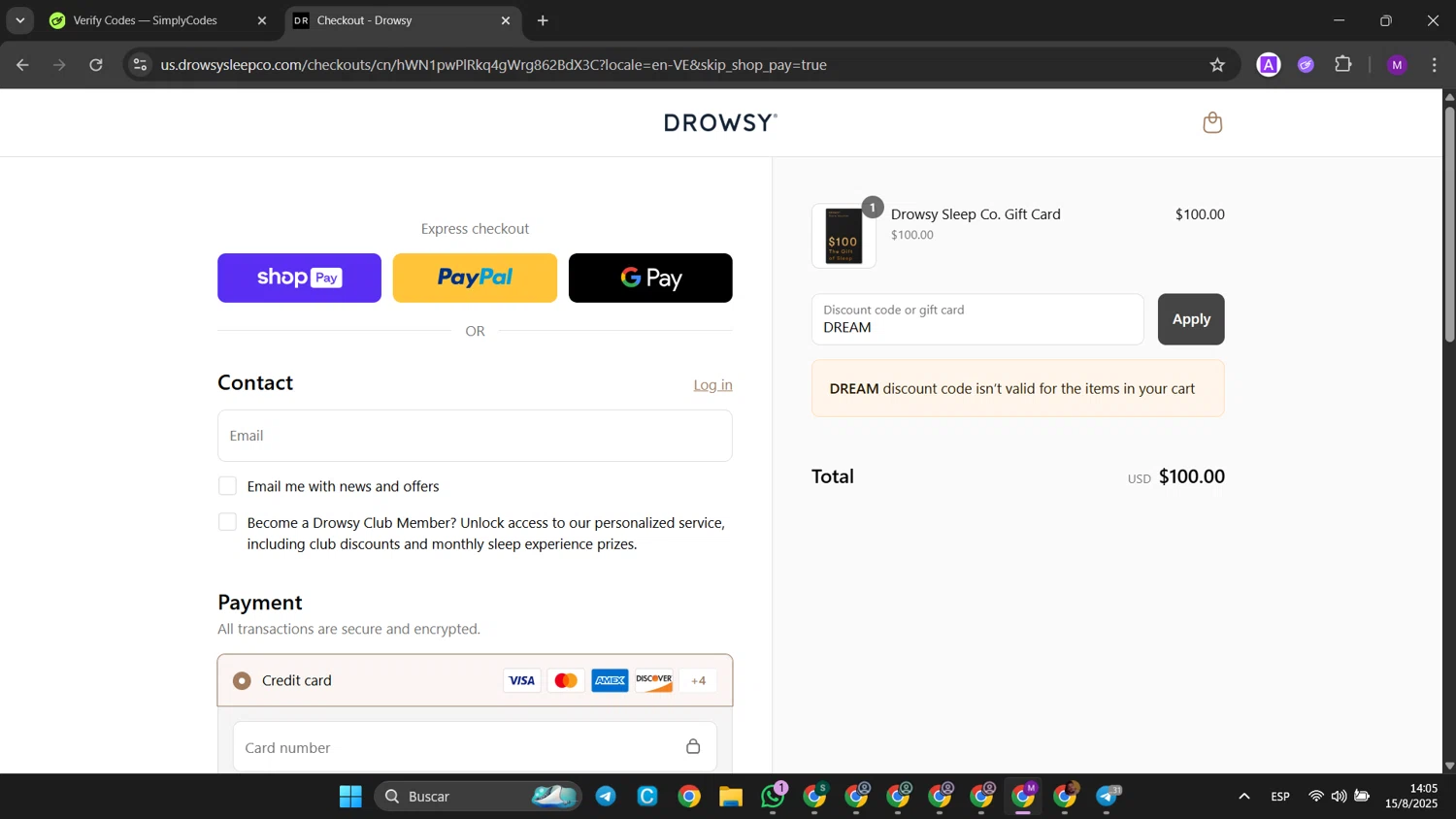 Drowsy Sleep Co US promo code screenshot showing code DREAM applied at Drowsy Sleep Co US checkout page. Uploaded by SimplyCodes community member jinwoo on Aug 15, 2025