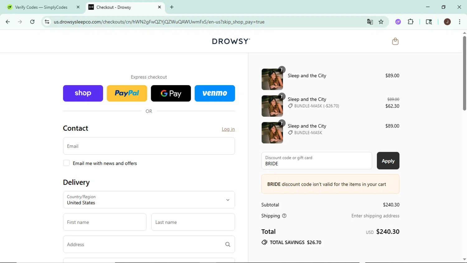 Drowsy Sleep Co US promo code screenshot showing code BRIDE applied at Drowsy Sleep Co US checkout page. Uploaded by SimplyCodes community member LegendaryAce8627 on Sep 6, 2025