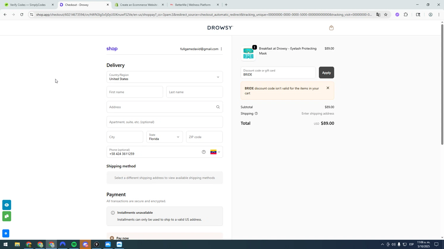 Drowsy Sleep Co US promo code screenshot showing code BRIDE applied at Drowsy Sleep Co US checkout page. Uploaded by SimplyCodes community member asdasdasd on Oct 5, 2025