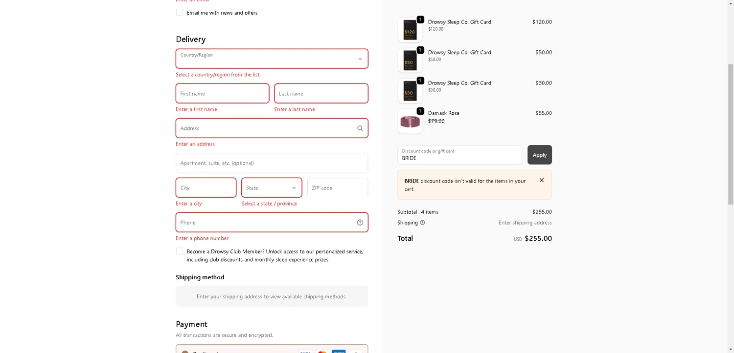 Drowsy Sleep Co US promo code screenshot showing code BRIDE applied at Drowsy Sleep Co US checkout page. Uploaded by SimplyCodes community member VictoriousFinder4393 on Nov 27, 2025