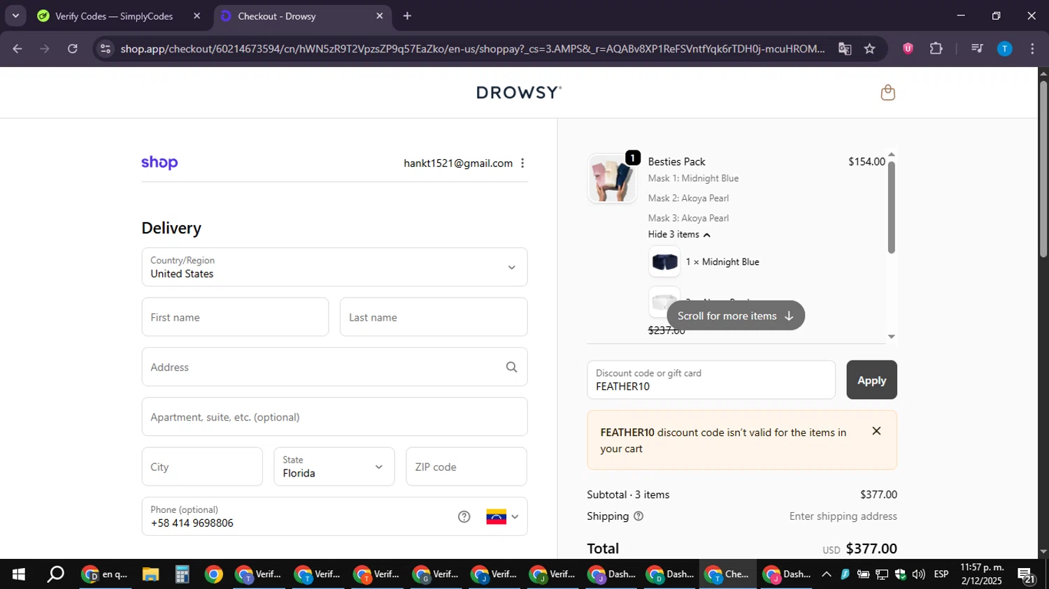 Drowsy Sleep Co US promo code screenshot showing code FEATHER10 applied at Drowsy Sleep Co US checkout page. Uploaded by SimplyCodes community member hankt1521 on Dec 3, 2025