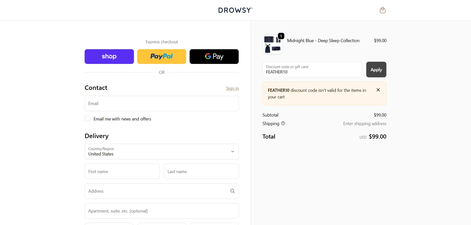 Drowsy Sleep Co US promo code screenshot showing code FEATHER10 applied at Drowsy Sleep Co US checkout page. Uploaded by SimplyCodes community member Dorothy on Oct 13, 2025