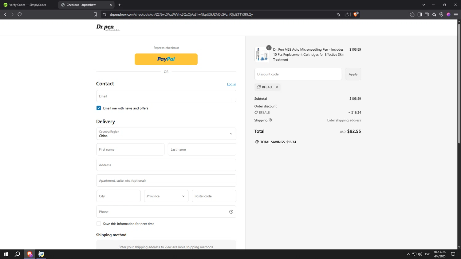 Dr. Pen discount code screenshot showing code BFSALE applied at Dr. Pen checkout page. Uploaded by SimplyCodes community member kkkkkkkkkkkkkkkkkkkk on Apr 4, 2025