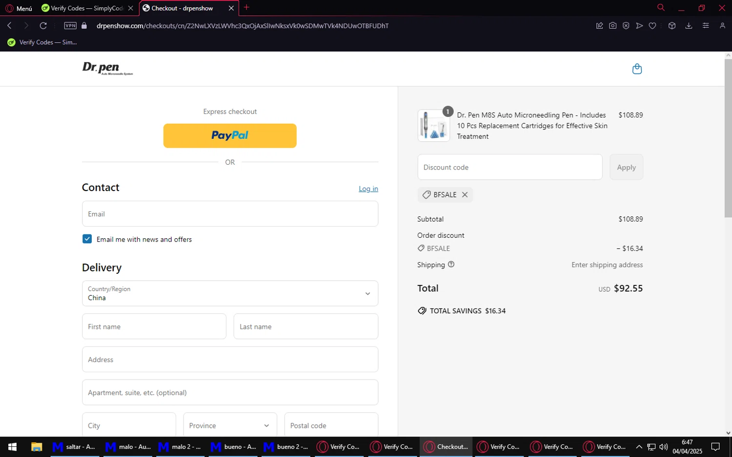 Dr. Pen discount code screenshot showing code BFSALE applied at Dr. Pen checkout page. Uploaded by SimplyCodes community member CoinGuardian1127 on Apr 4, 2025