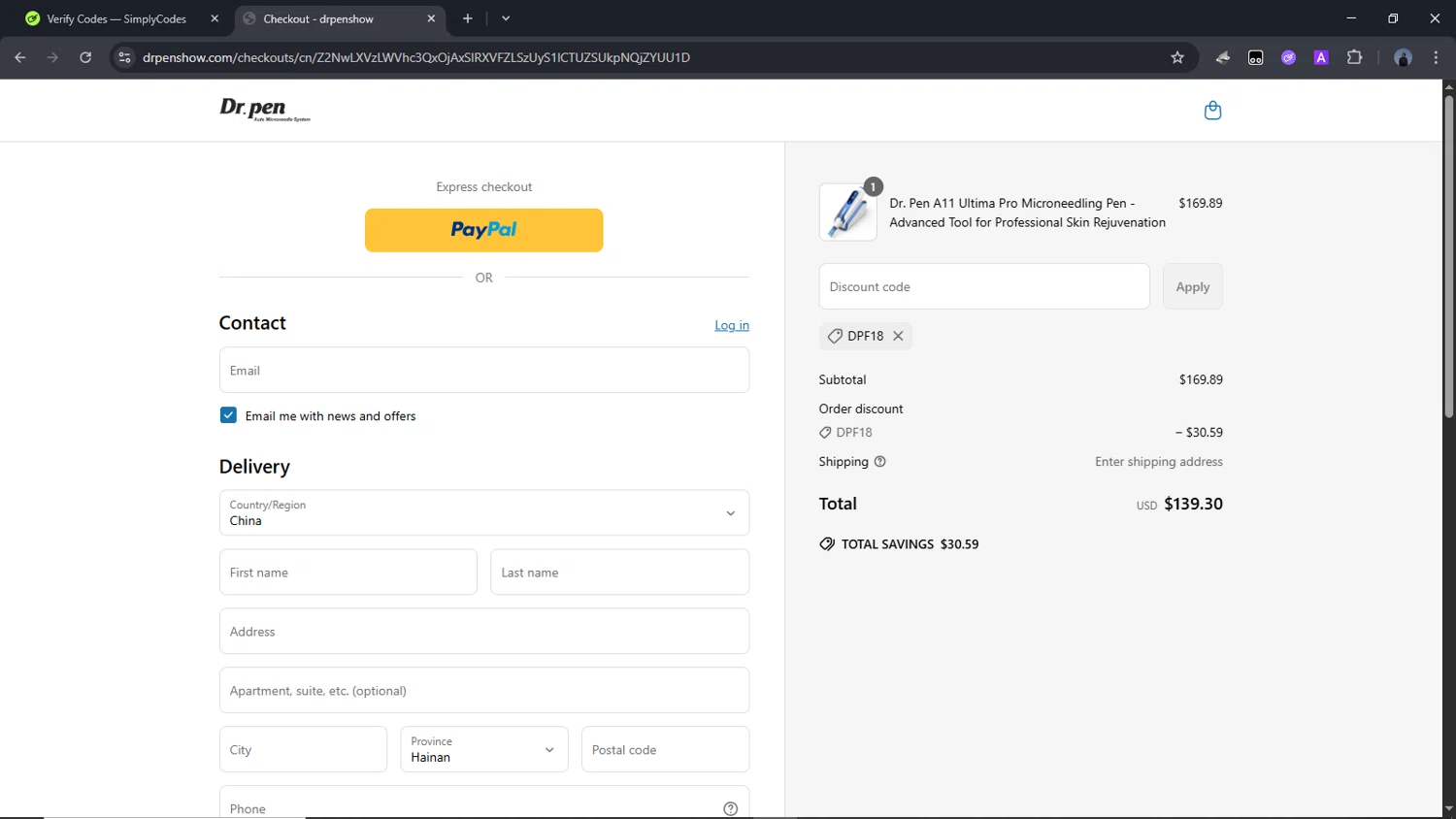 Dr. Pen discount code screenshot showing code DPF18 applied at Dr. Pen checkout page. Uploaded by SimplyCodes community member Time_sin_filtro on May 10, 2025