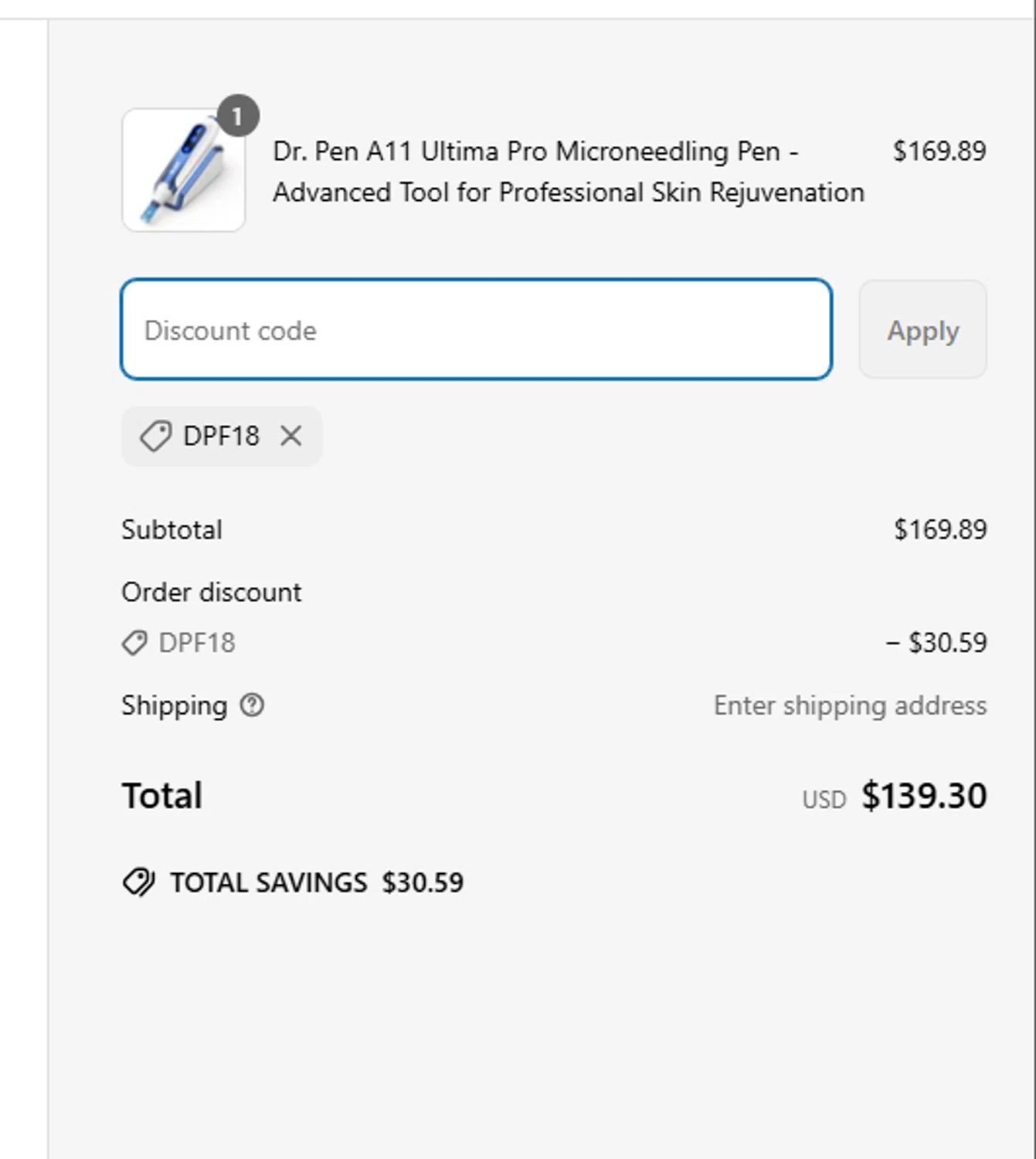 Dr. Pen discount code screenshot showing code DPF18 applied at Dr. Pen checkout page. Uploaded by SimplyCodes community member Tragedy on Apr 11, 2025