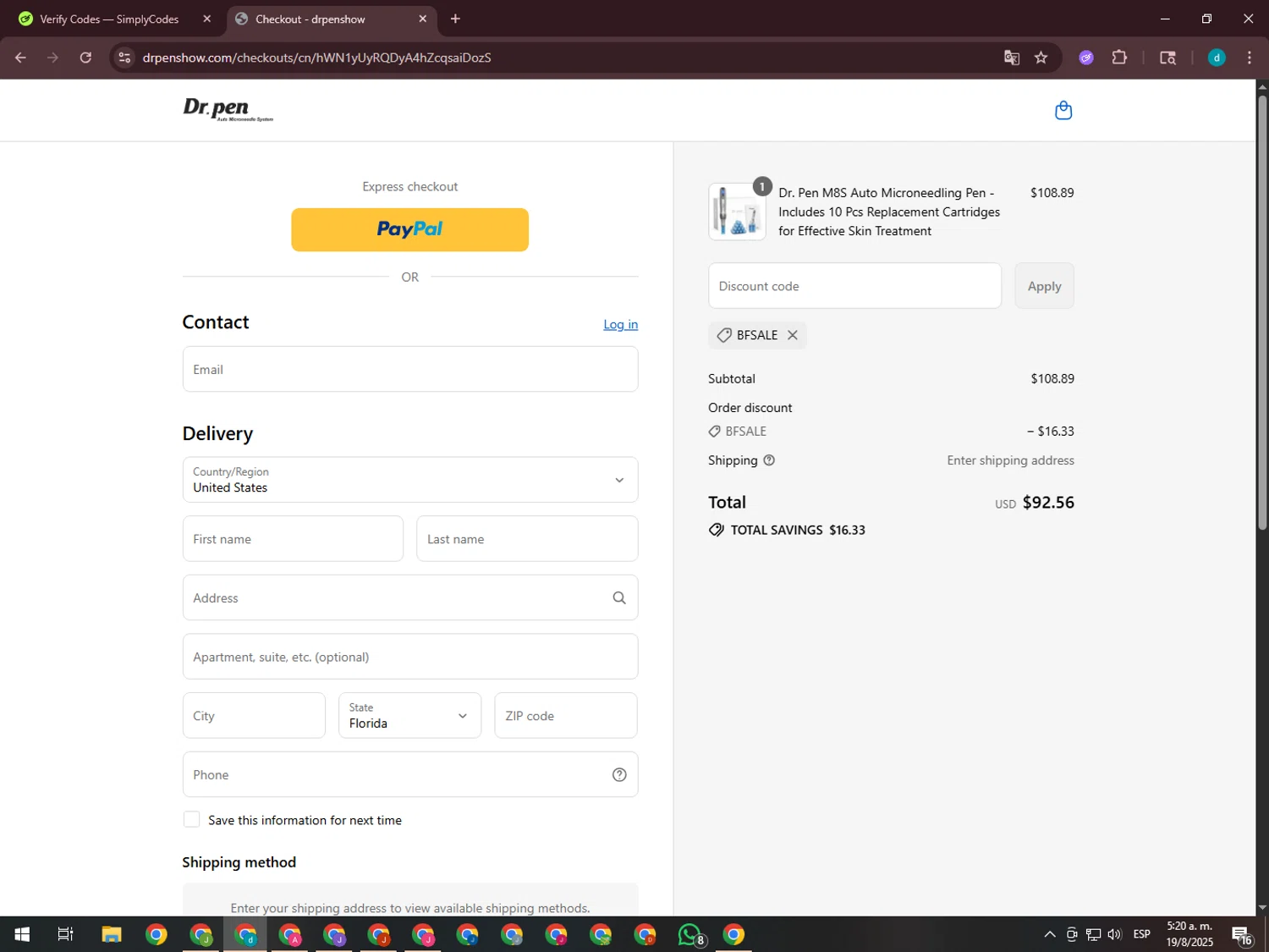 Dr. Pen discount code screenshot showing code BFSALE applied at Dr. Pen checkout page. Uploaded by SimplyCodes community member GloriousTiger3507 on Aug 19, 2025
